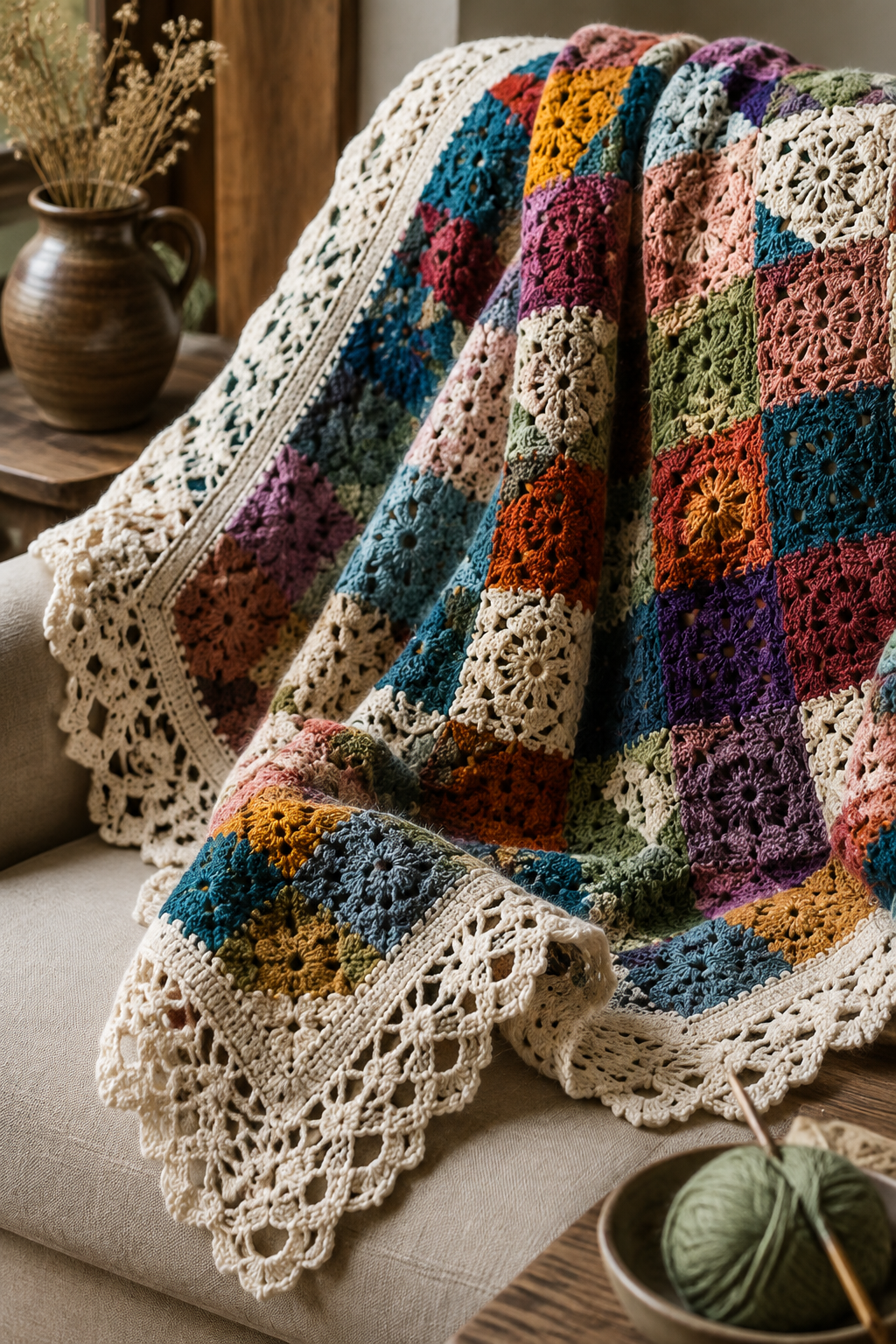 crochet lace trim projects: multicolor afghan unified by a structured lace border