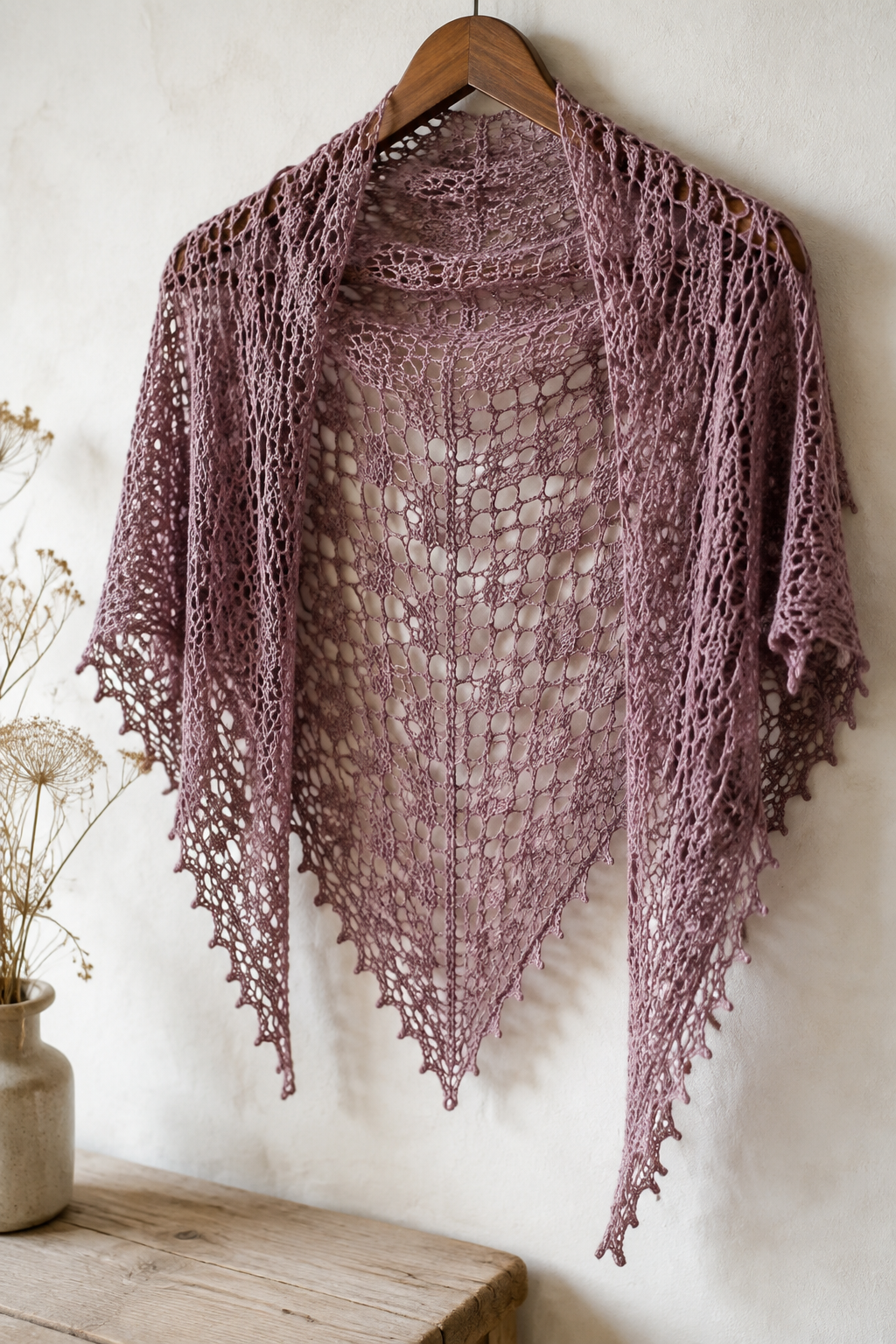 crochet lace trim projects: airy one-skein crochet lace shawl displayed after blocking