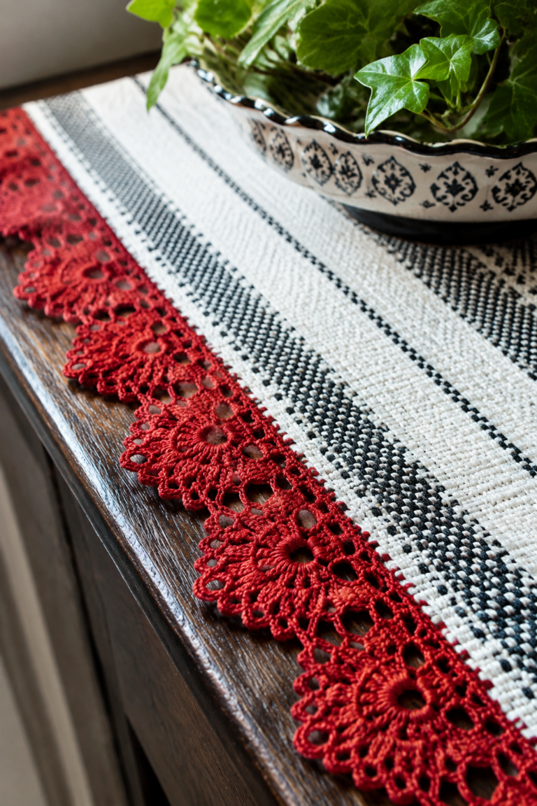 crochet lace trim projects: delicate red crochet lace edging on a black-and-white table runner