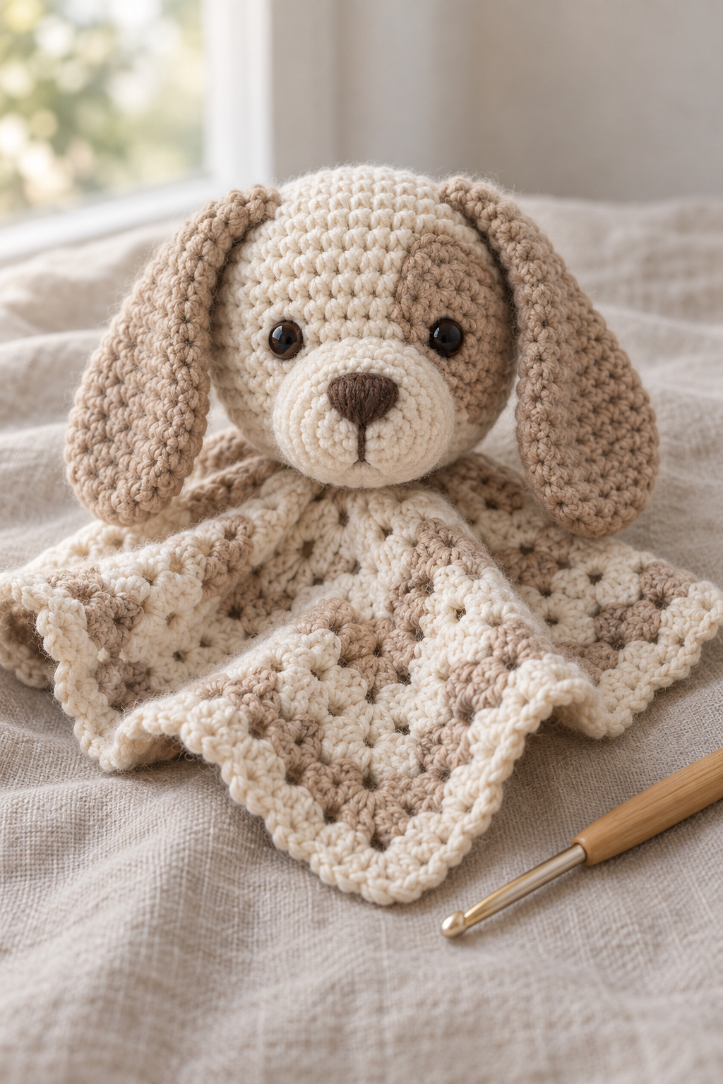 Crocheted dog lovey head with floppy ears