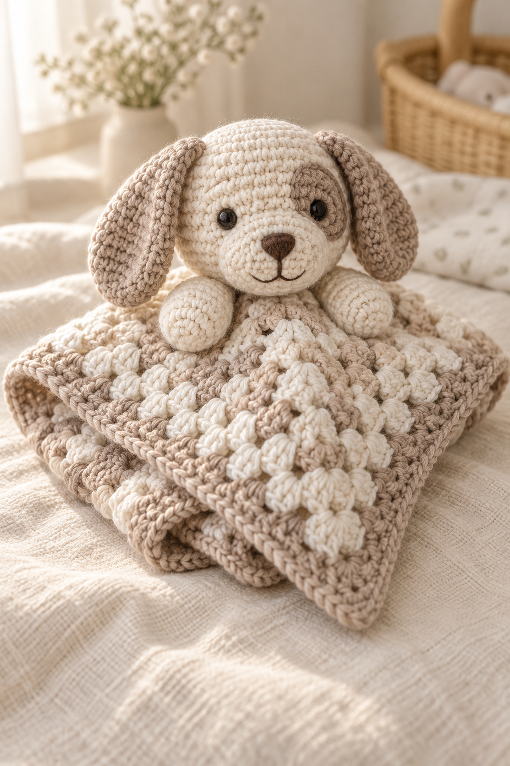Finished crocheted dog lovey folded as a gift