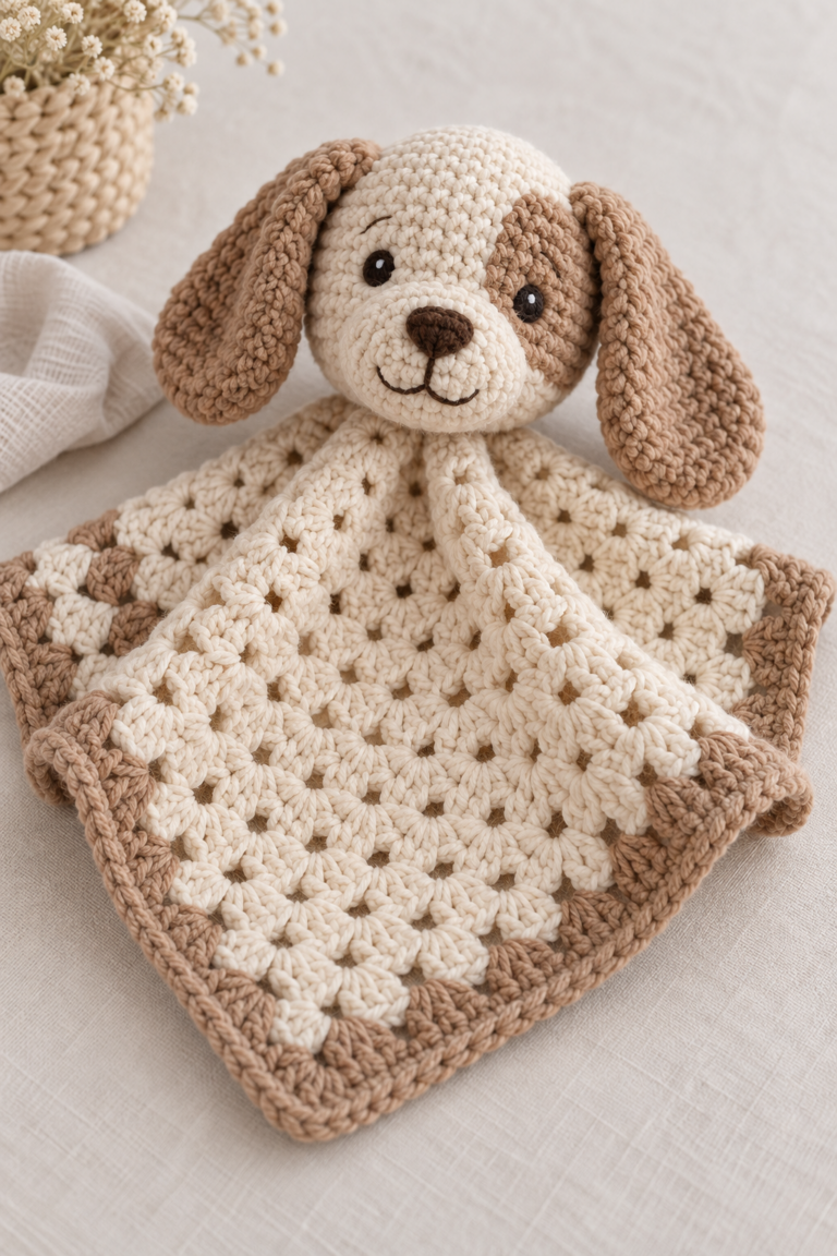 Crocheted dog lovey with a character head and flat blanket
