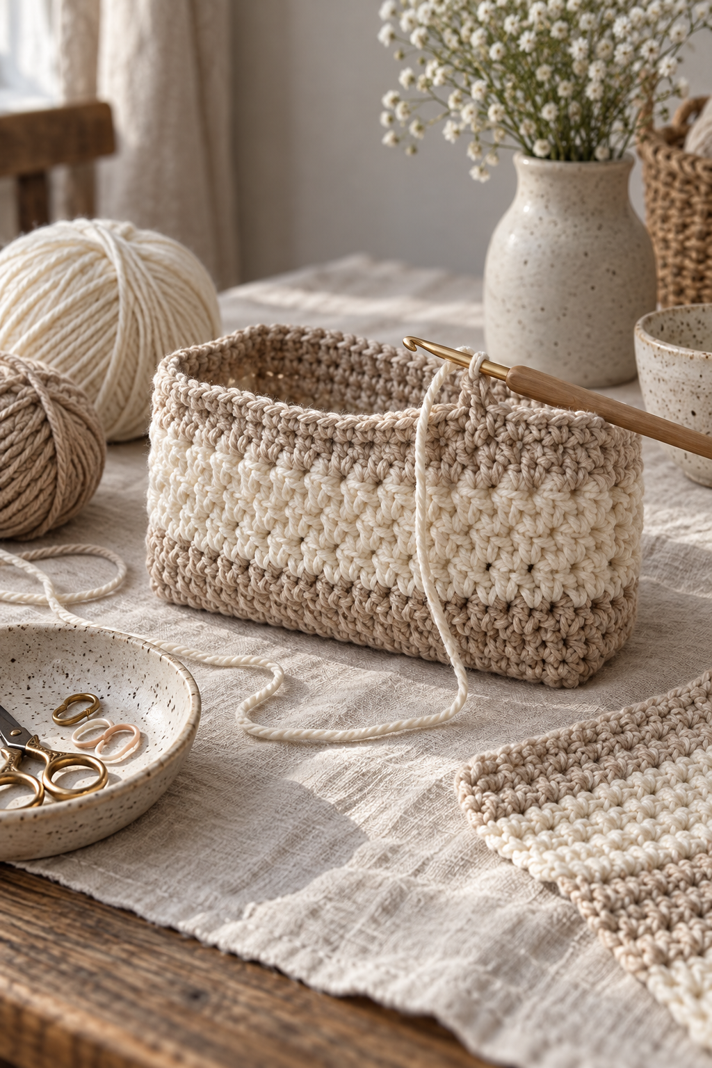 Crochet makeup bag opening with aligned zipper