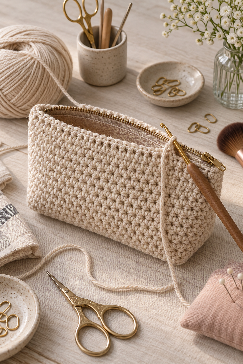 Cut lining fabric beside crochet shell
