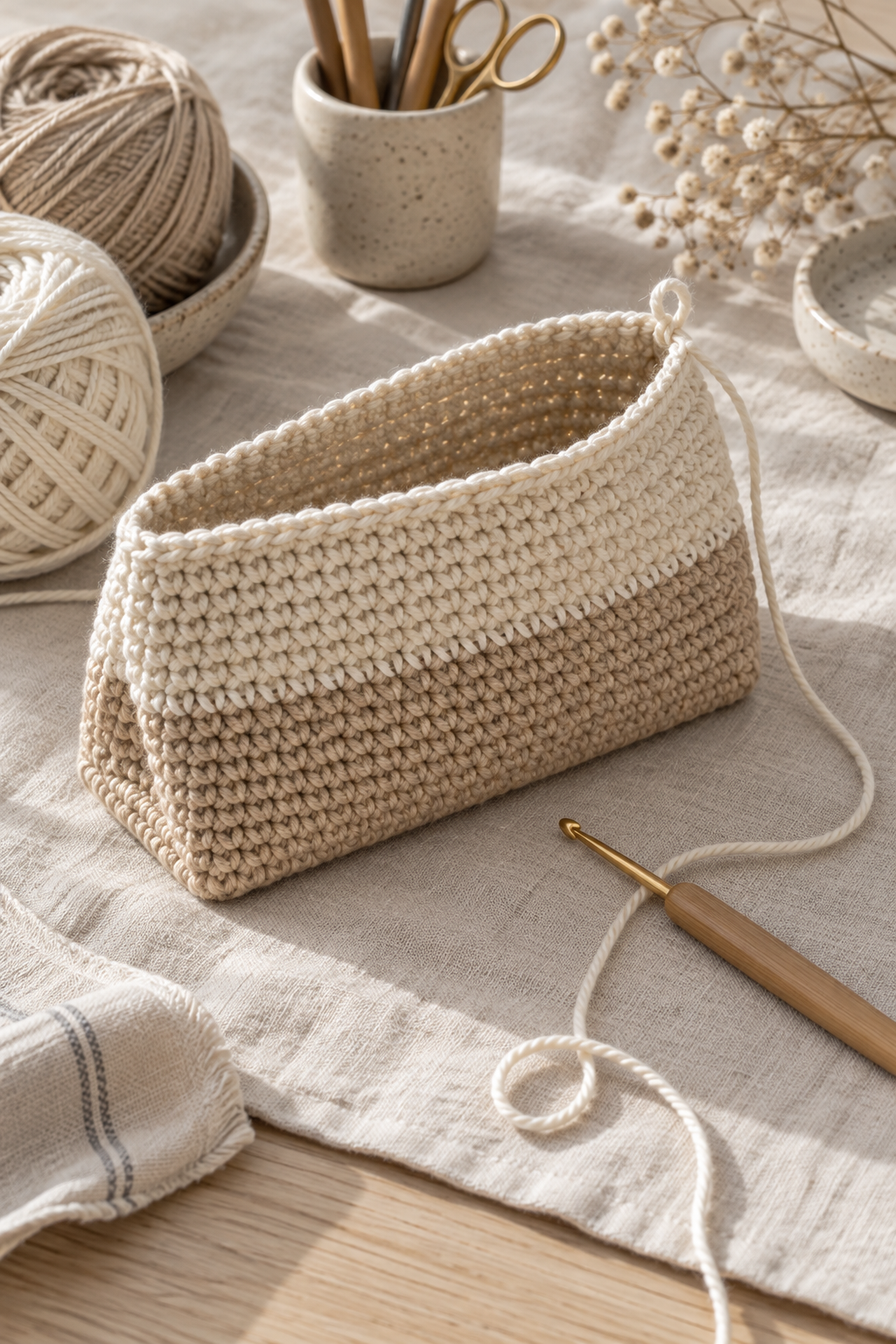 Completed compact crochet makeup bag