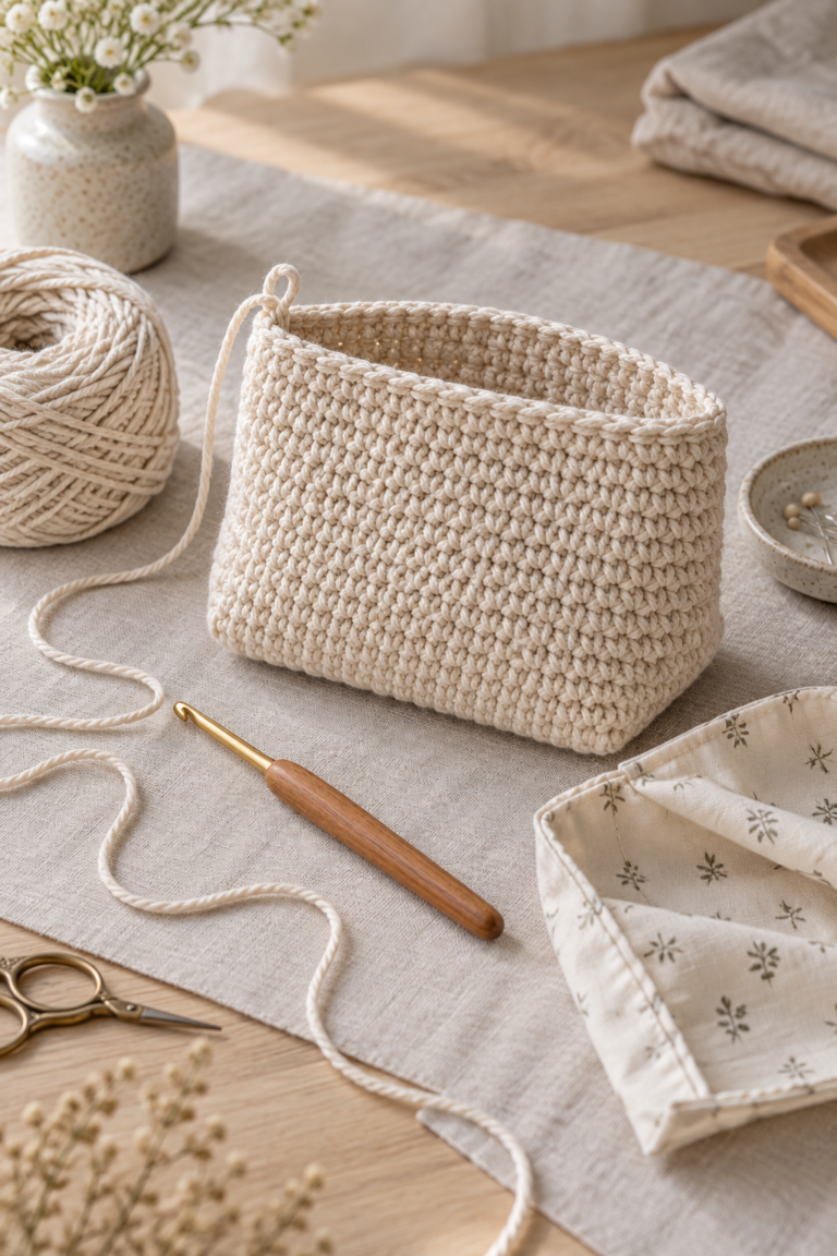 Finished crochet makeup bag in a neutral fiber-craft studio