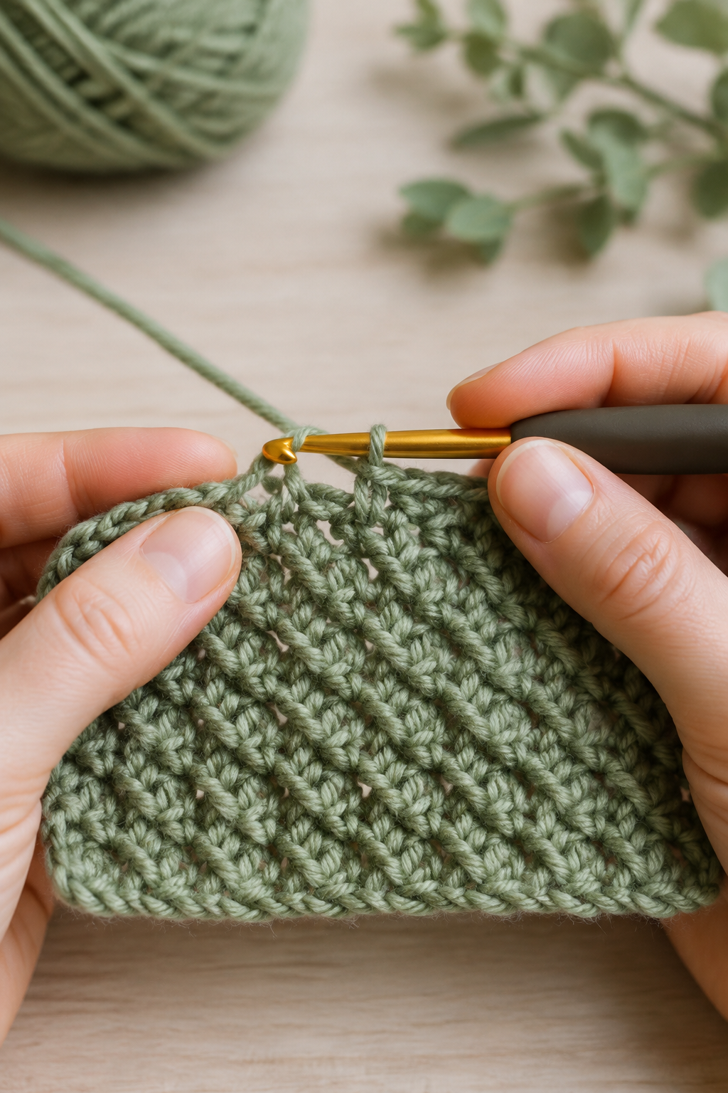 crochet moss stitch: close view of a crochet hook entering the next moss-stitch chain space