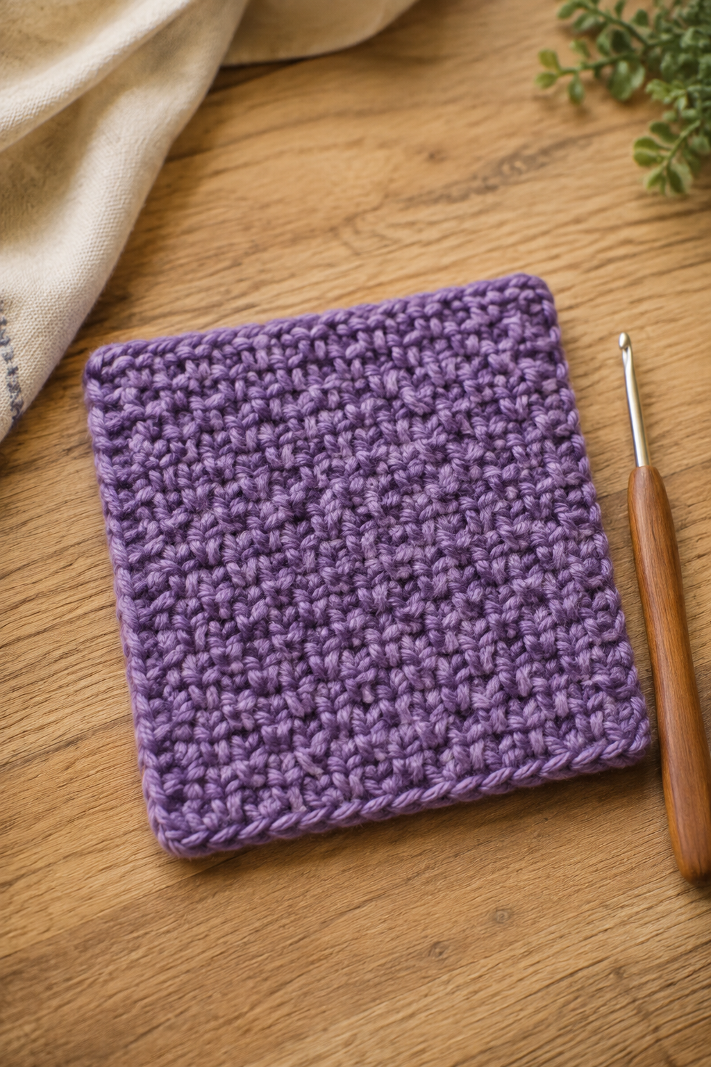 crochet moss stitch: finished purple moss-stitch swatch beside a crochet hook