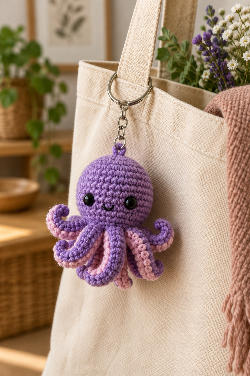 crochet octopus keychain on a tote