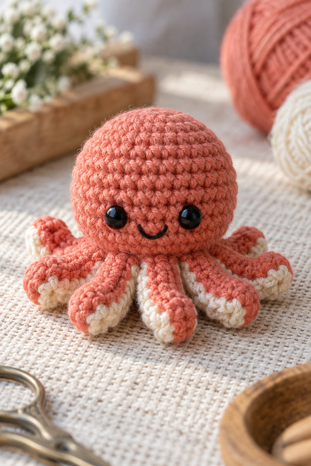 Rounded crochet octopus head and evenly spaced tentacles
