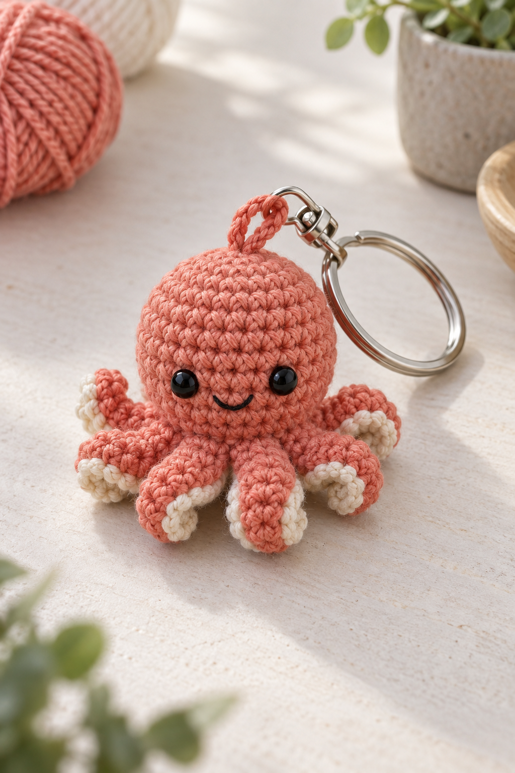 Finished crochet octopus charm beside a key ring