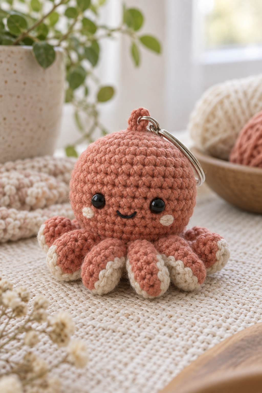 Crochet octopus keychain with a rounded head and short tentacles