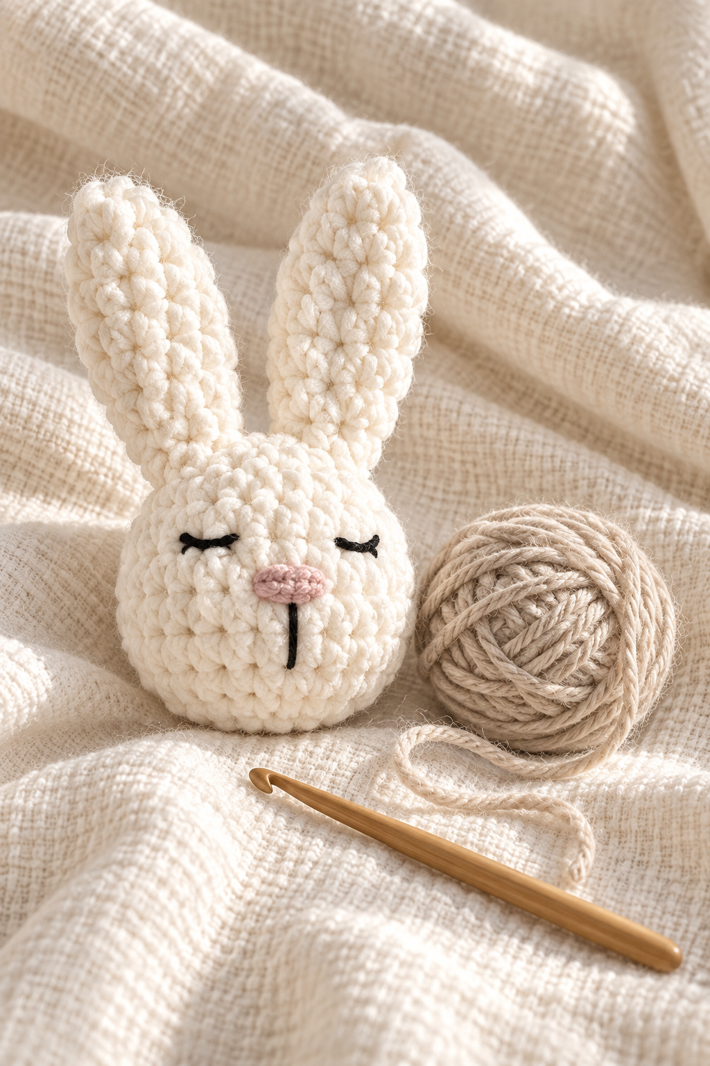 A bunny lovey crochet pattern is shown with a plate and gold cutlery.