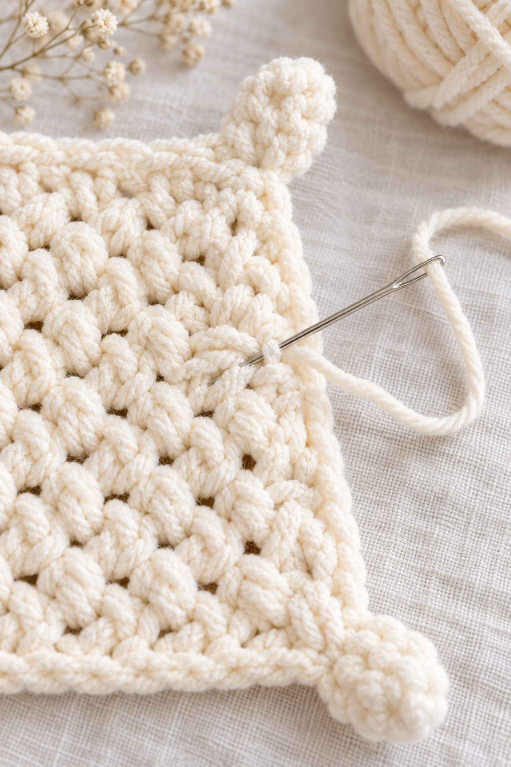 A shell stitch border finishes a textured bunny lovey crochet pattern.
