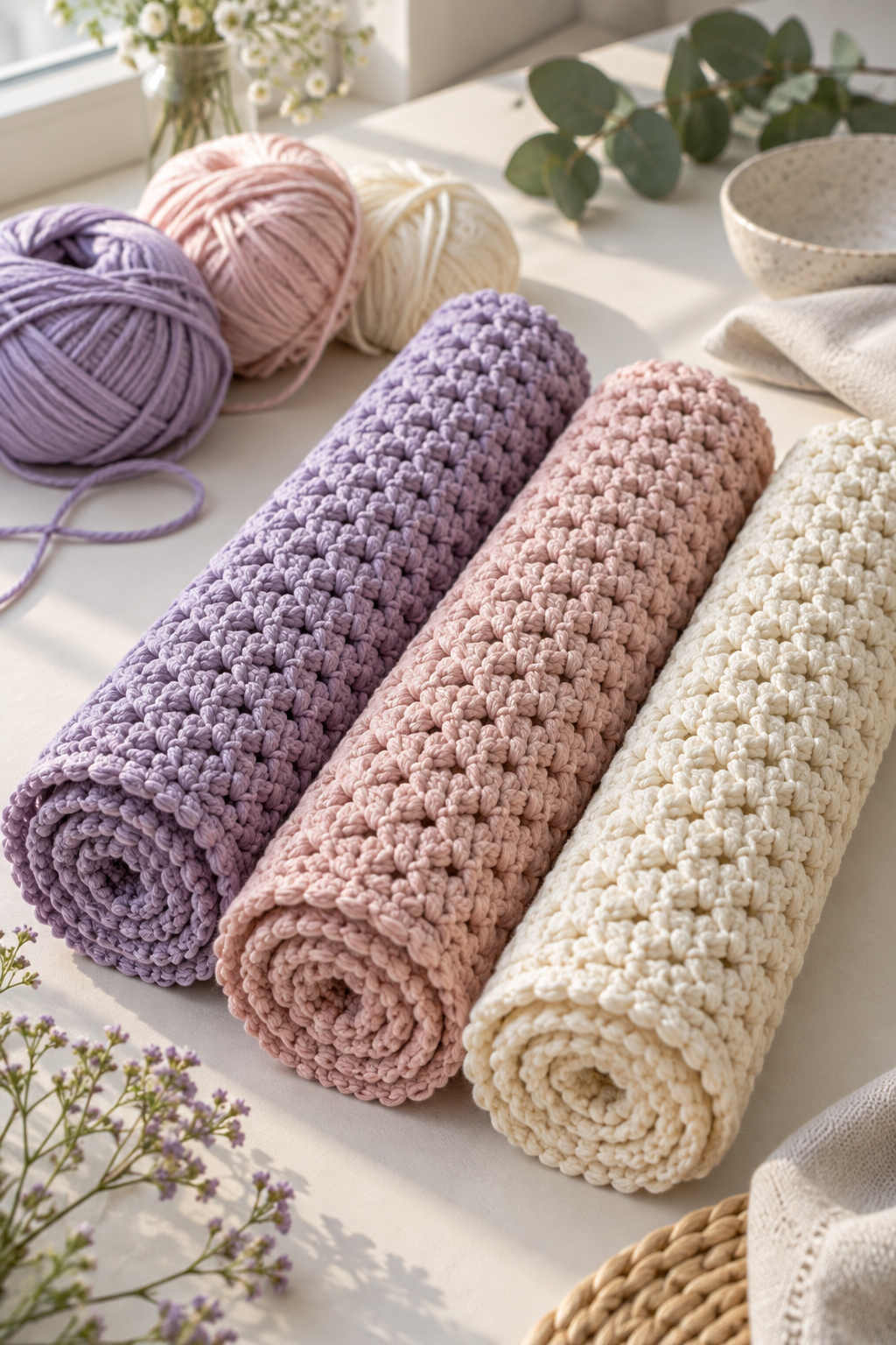 Crochet placemat pattern color planning with rolled textured placemats and cotton yarn