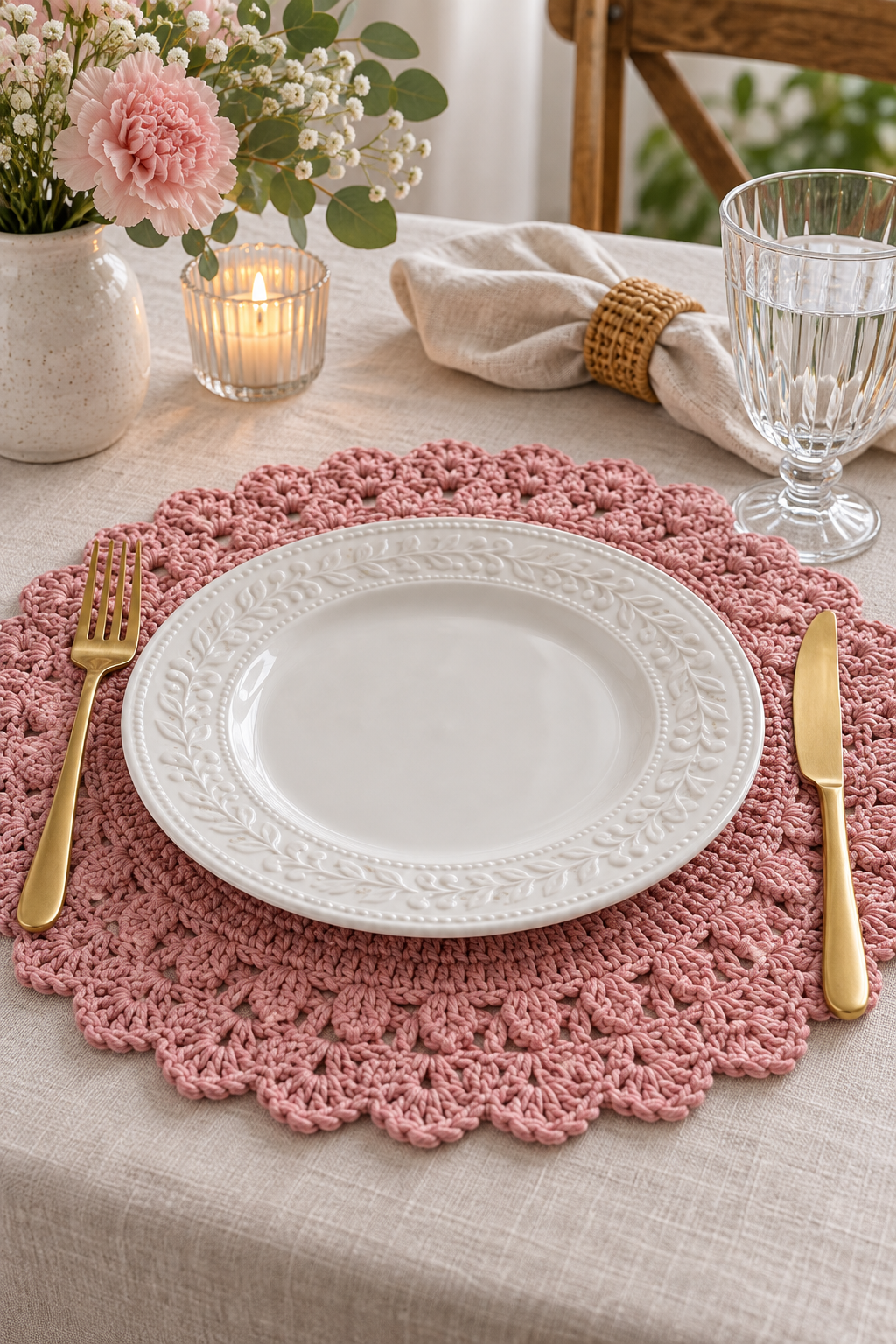 Crochet placemat pattern arranged as a pink textured table setting