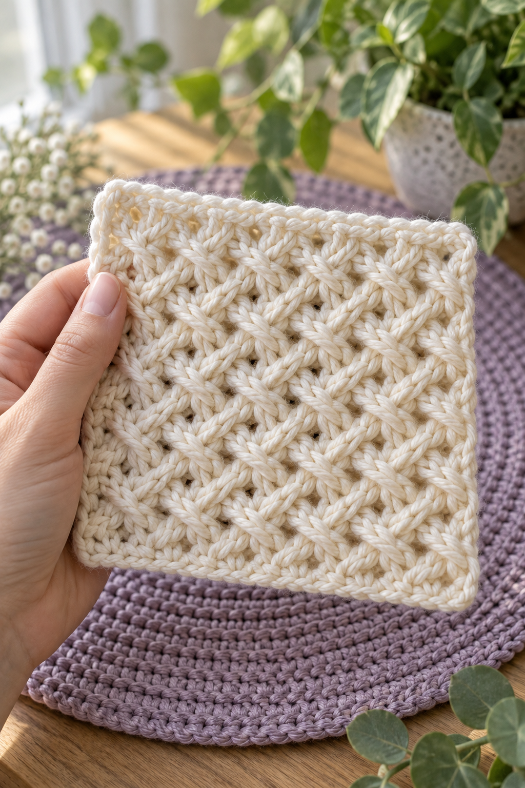 Crochet placemat pattern stitch detail held above a textured placemat