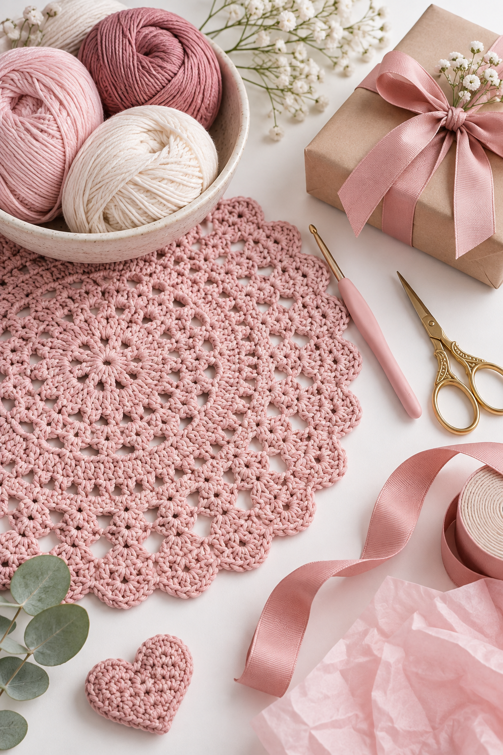 Crochet placemat pattern gift presentation with pink fabric and cotton yarn