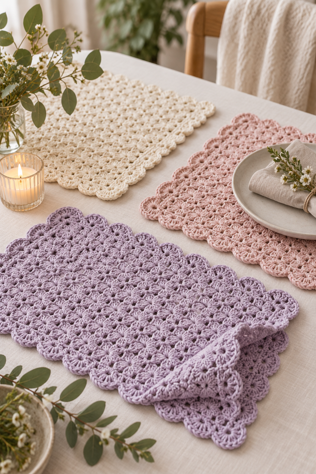 Crochet placemat pattern finished set with shell borders in soft colors