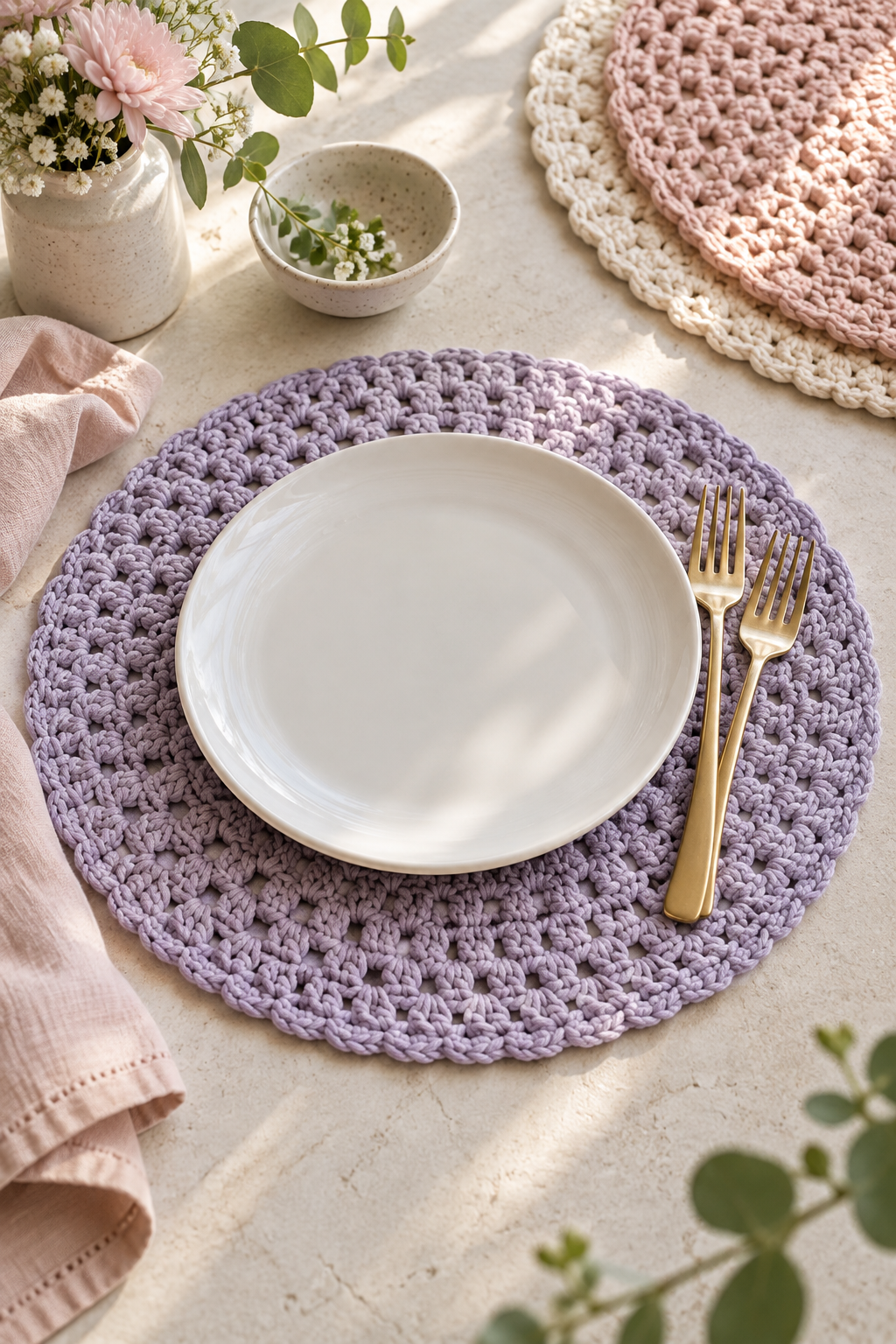 Crochet placemat pattern in lavender with airy woven texture and table setting