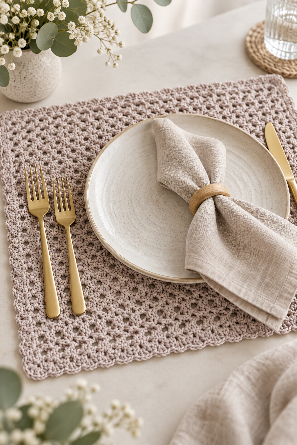 flexible textured crochet placemat for a table