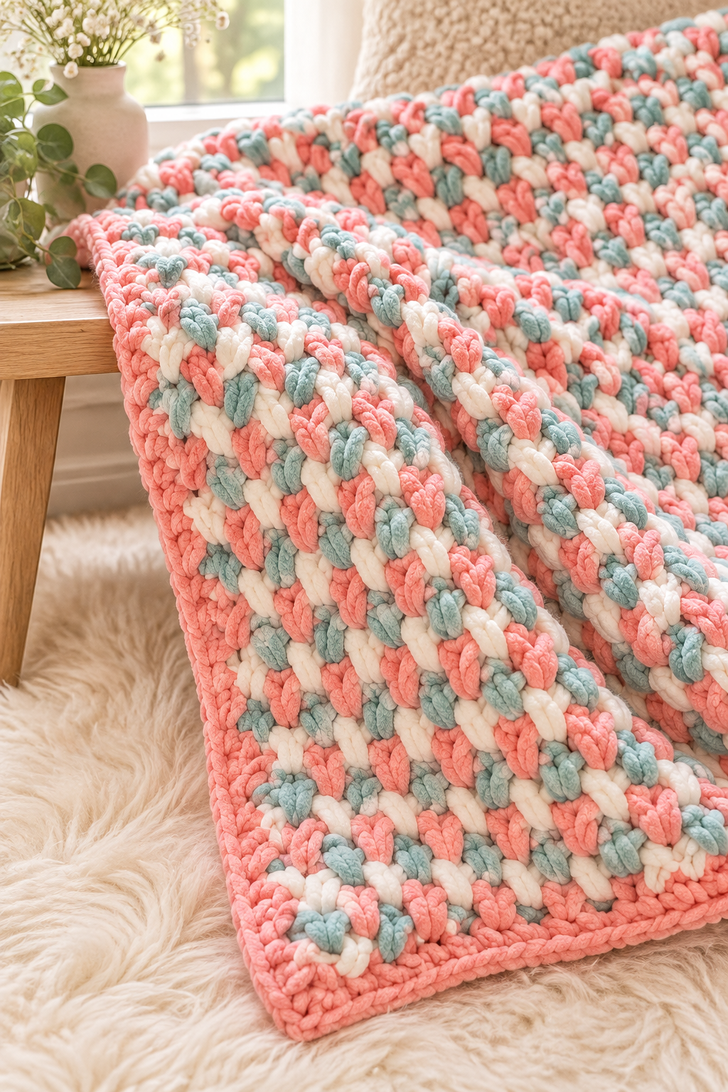 crochet puff stitch blanket candy color bands