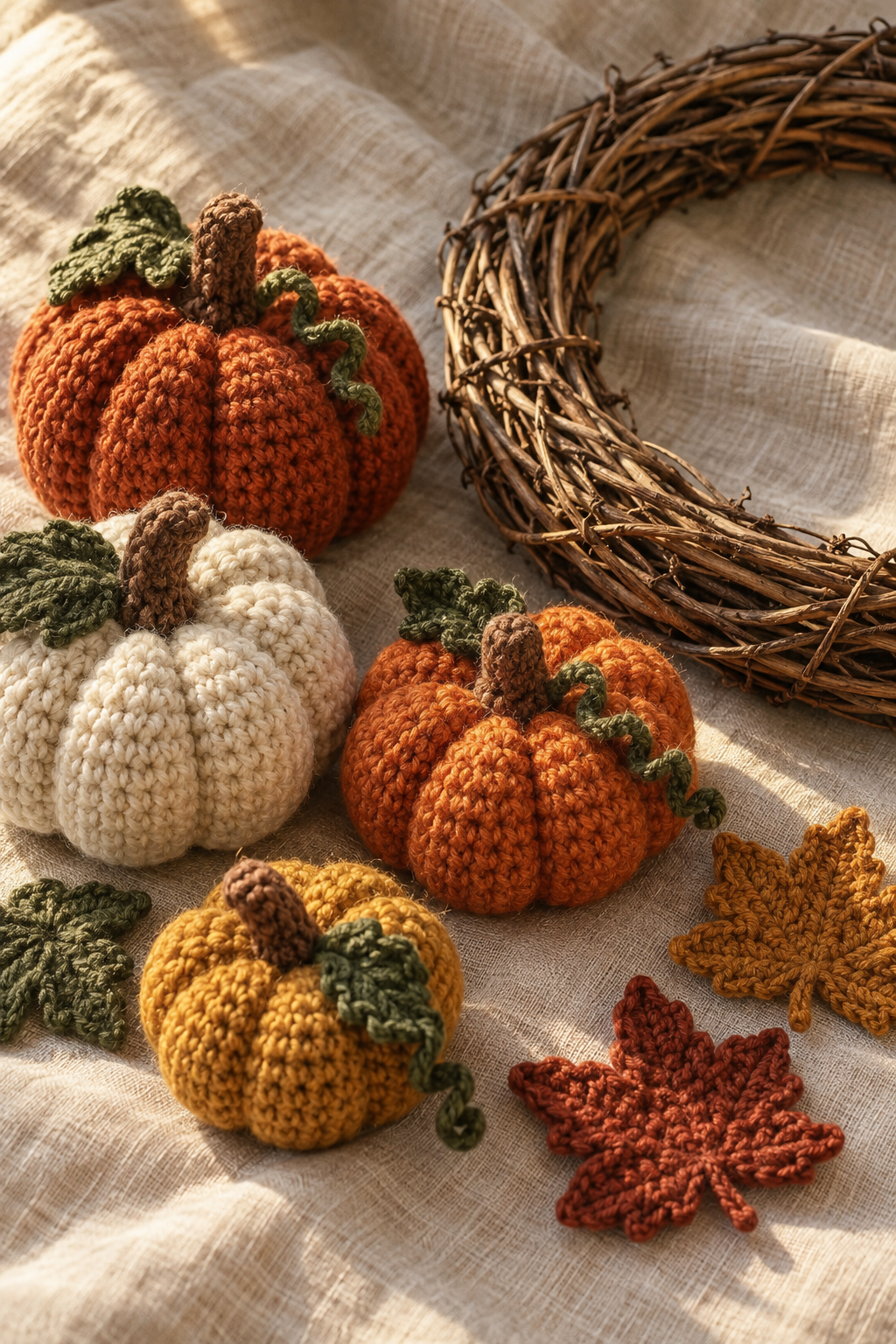 Crocheted pumpkin motifs and wreath base