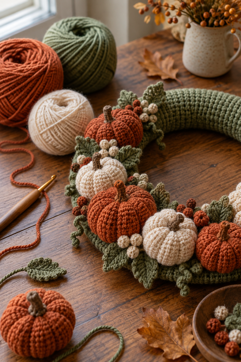 Autumn yarn palette for a crochet pumpkin wreath