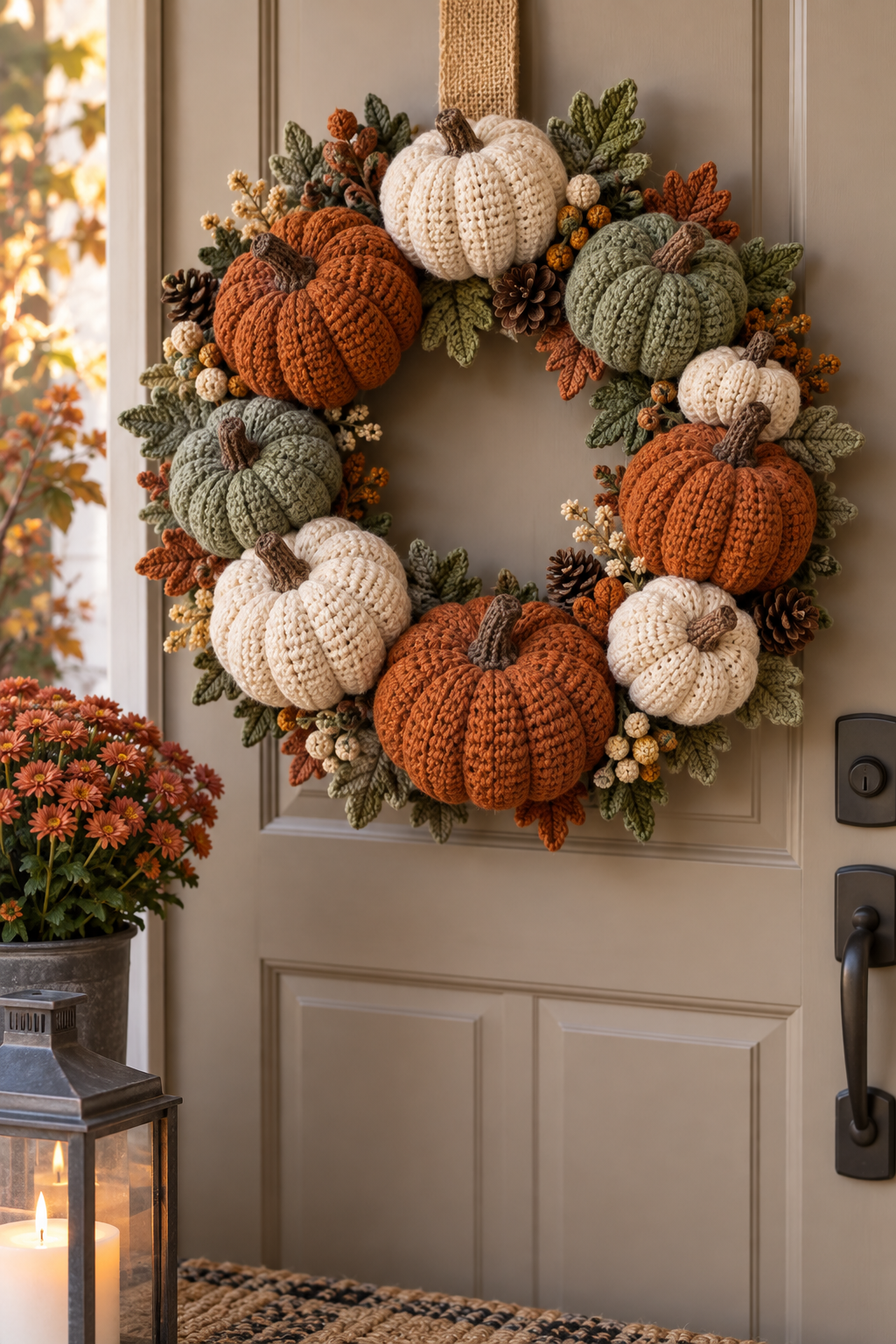 Crochet pumpkin wreath arranged for fall decorating
