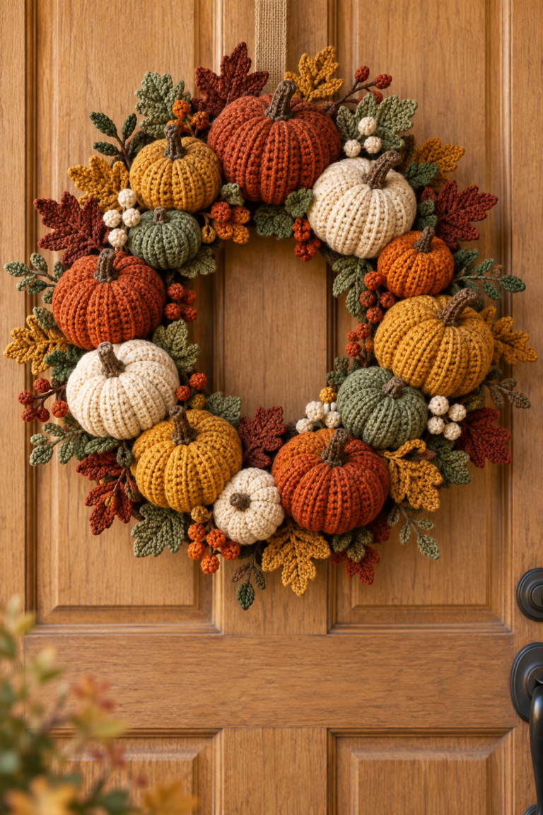 crochet pumpkin wreath in warm autumn colors