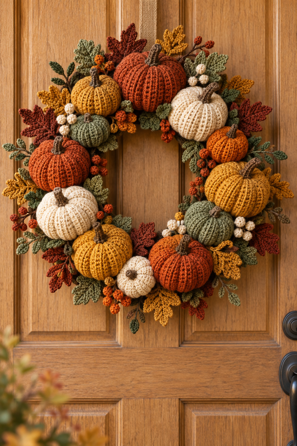 crochet pumpkin wreath in warm autumn colors