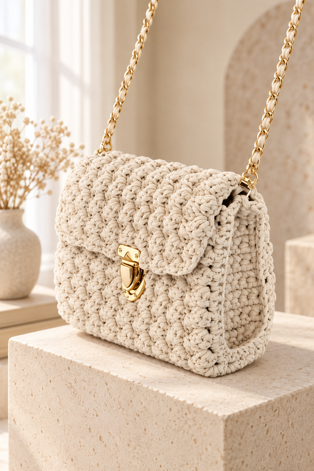 Cream crochet purse materials and proportions