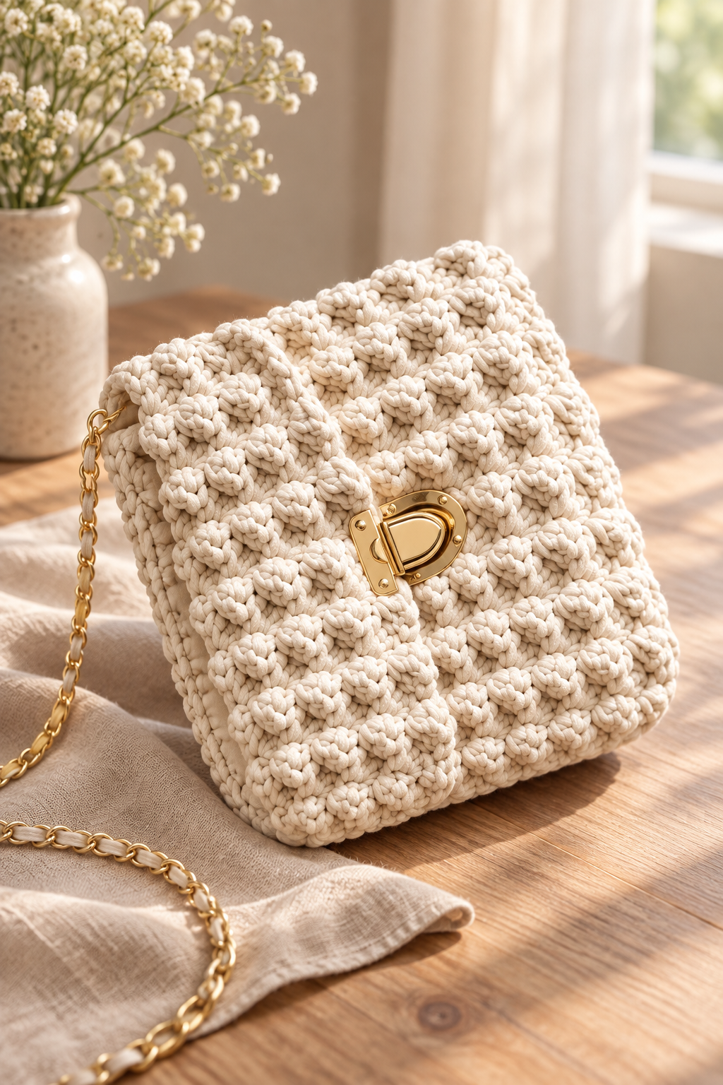 Close view of crochet purse stitch texture