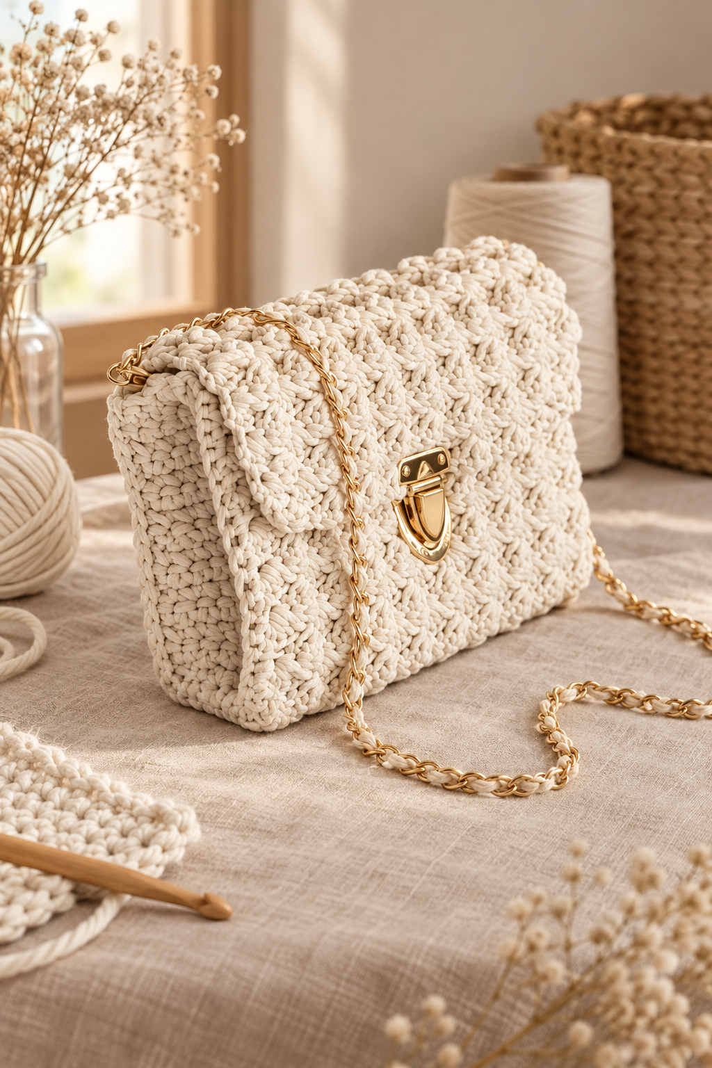 Even rows in a textured crochet purse body