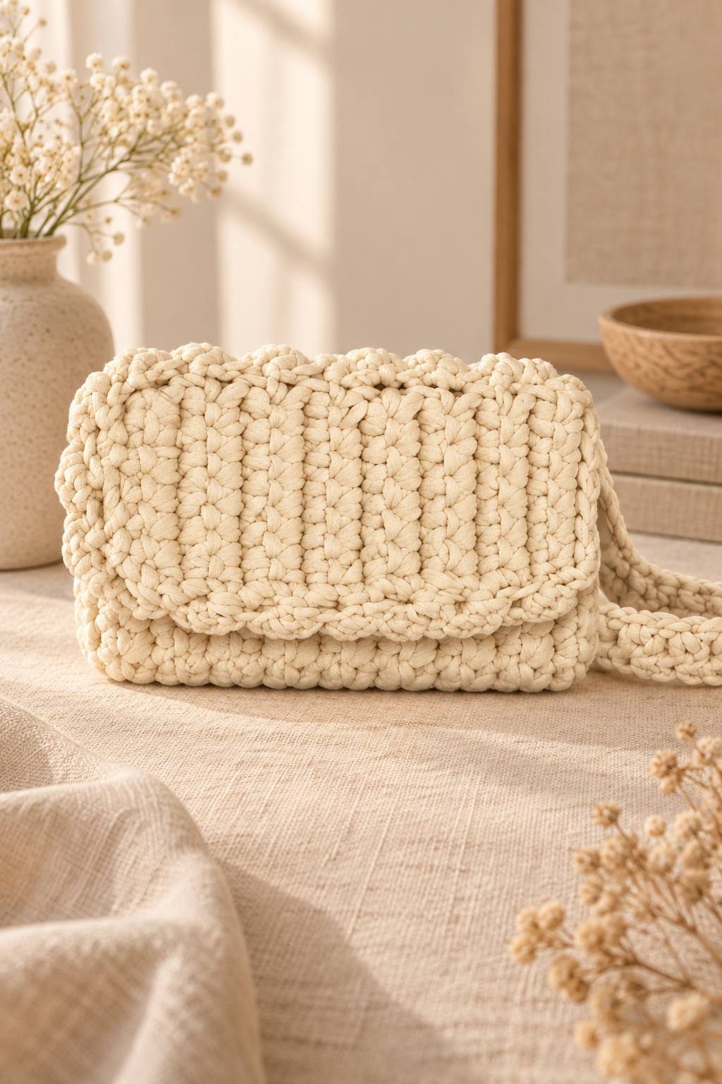 Checking the fit and flap of a crochet purse