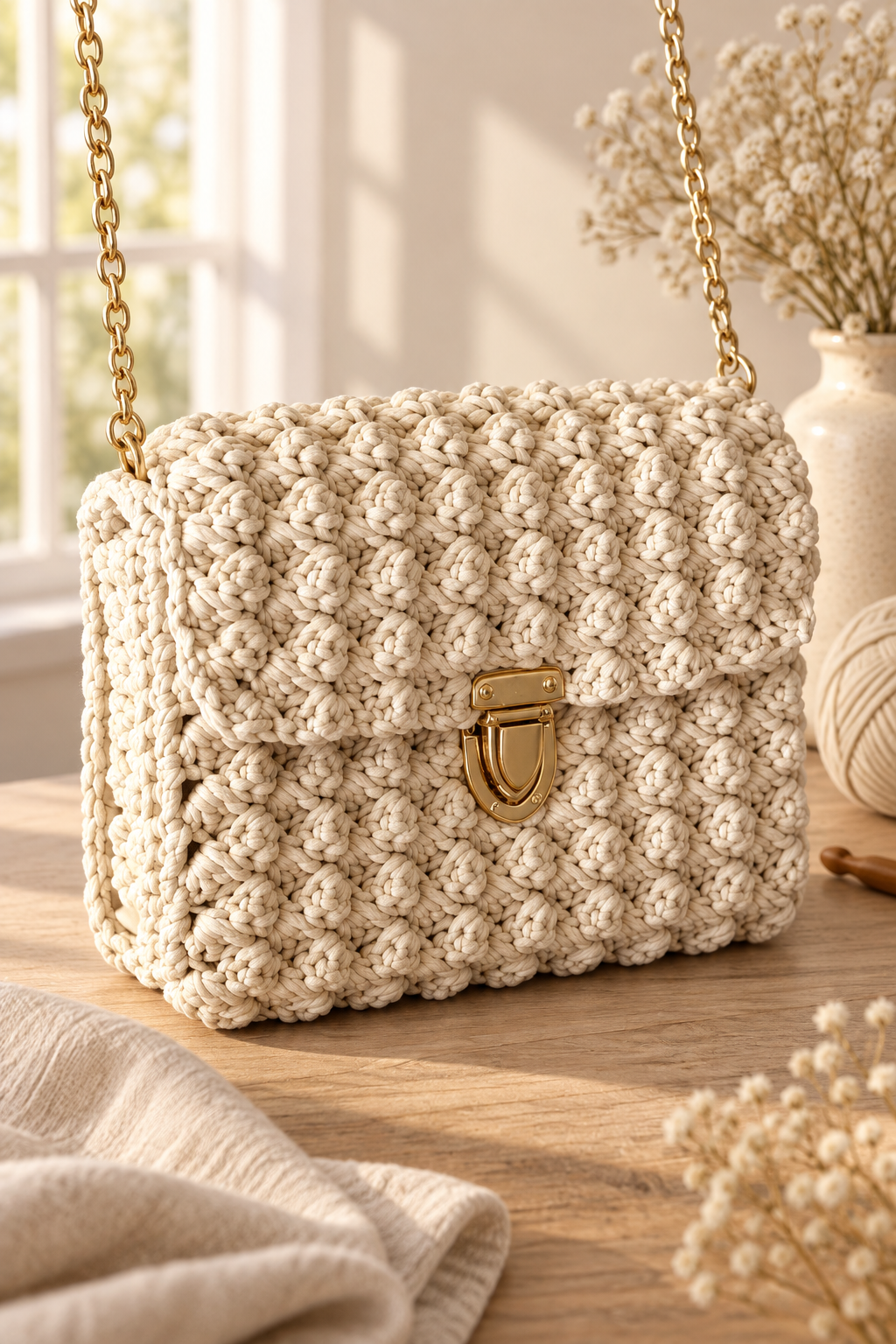 Finished cream crochet purse with textured flap