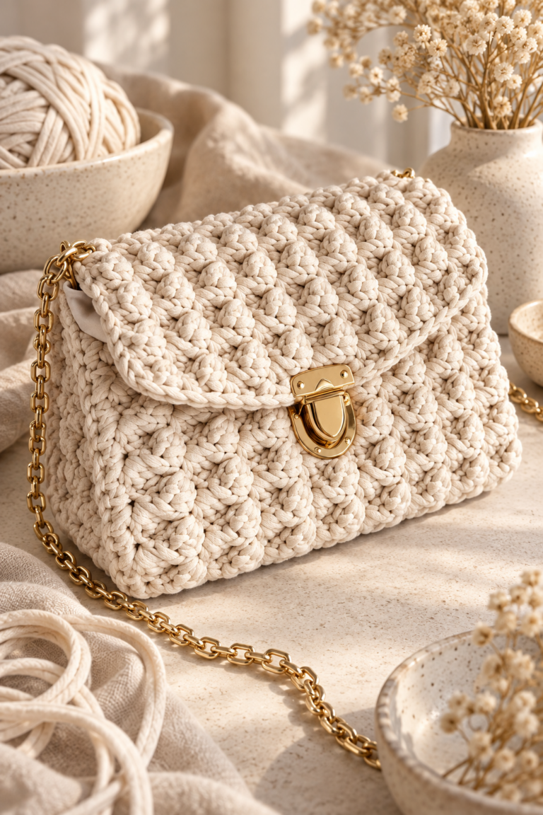 Finished cream crochet purse with textured flap