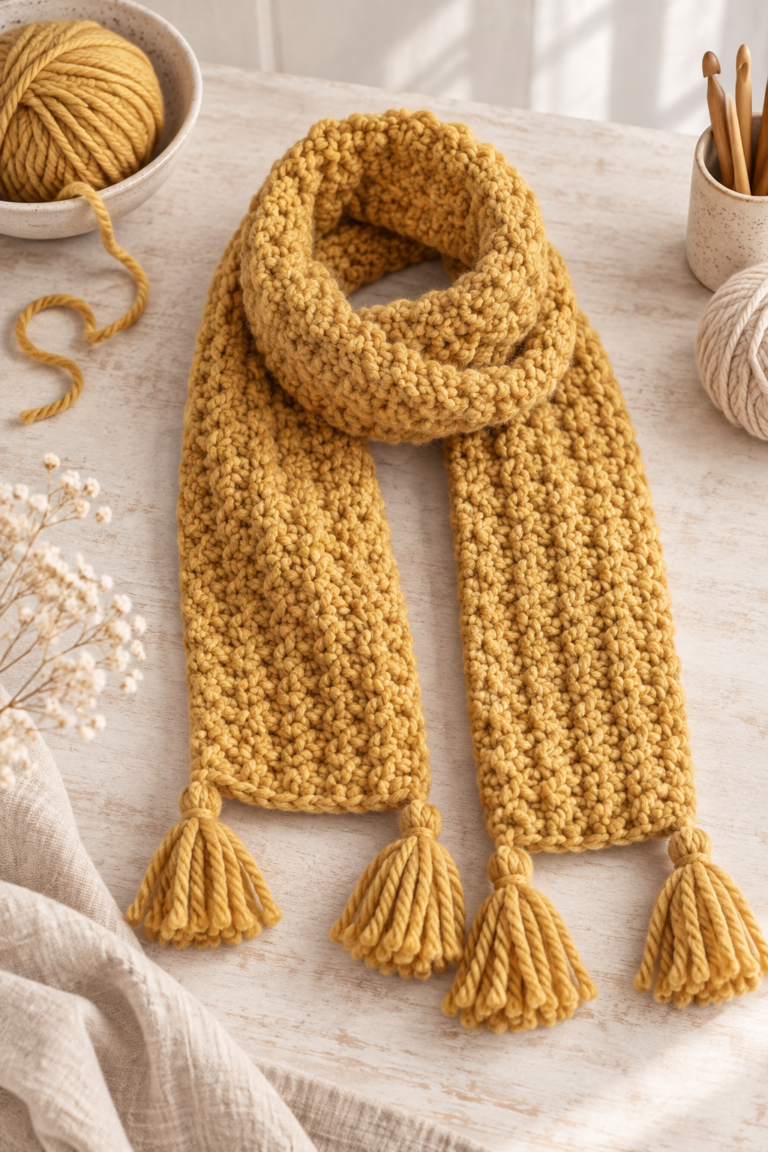 soft crochet scarf in warm neutral yarn