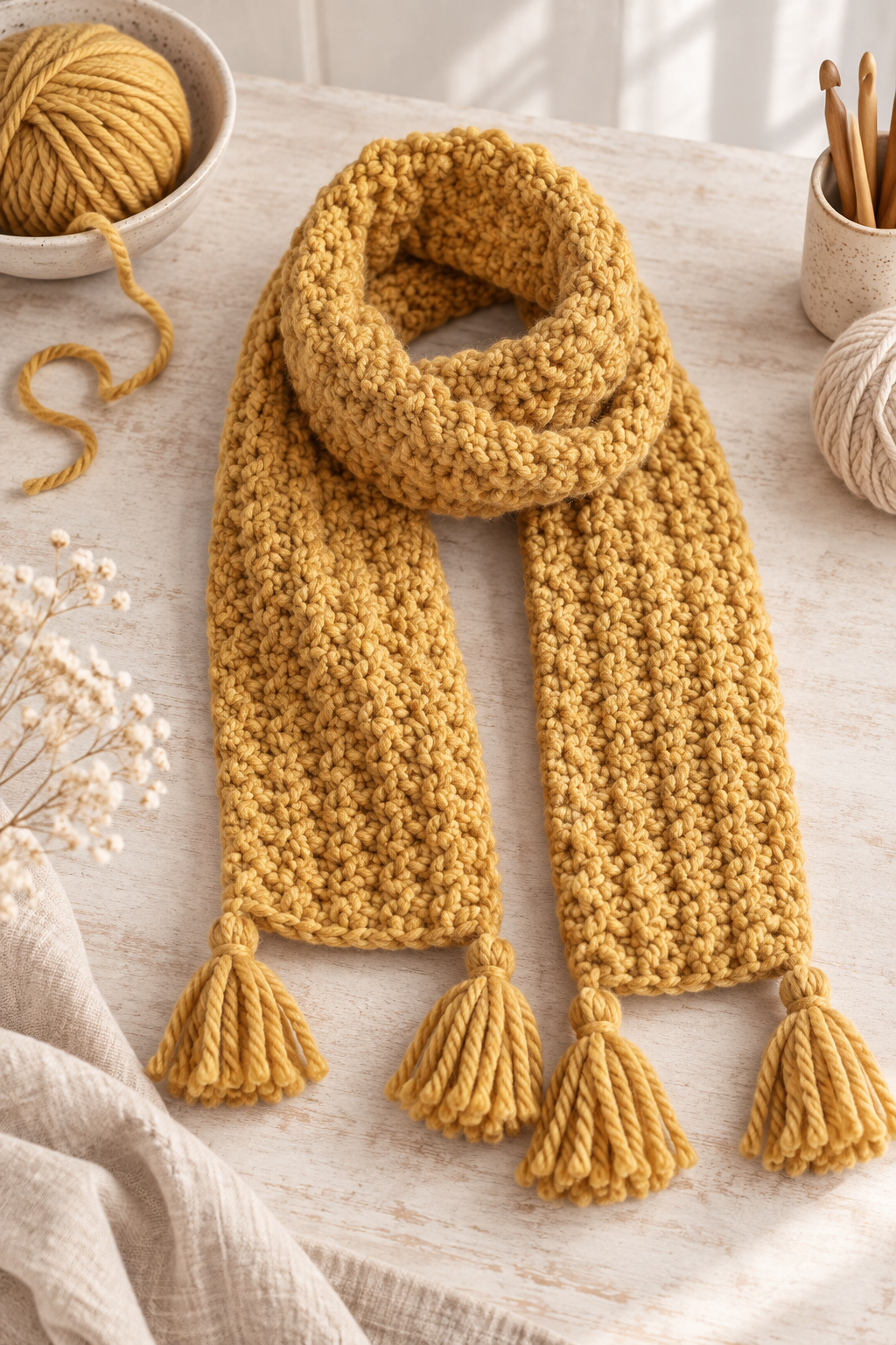 soft crochet scarf in warm neutral yarn