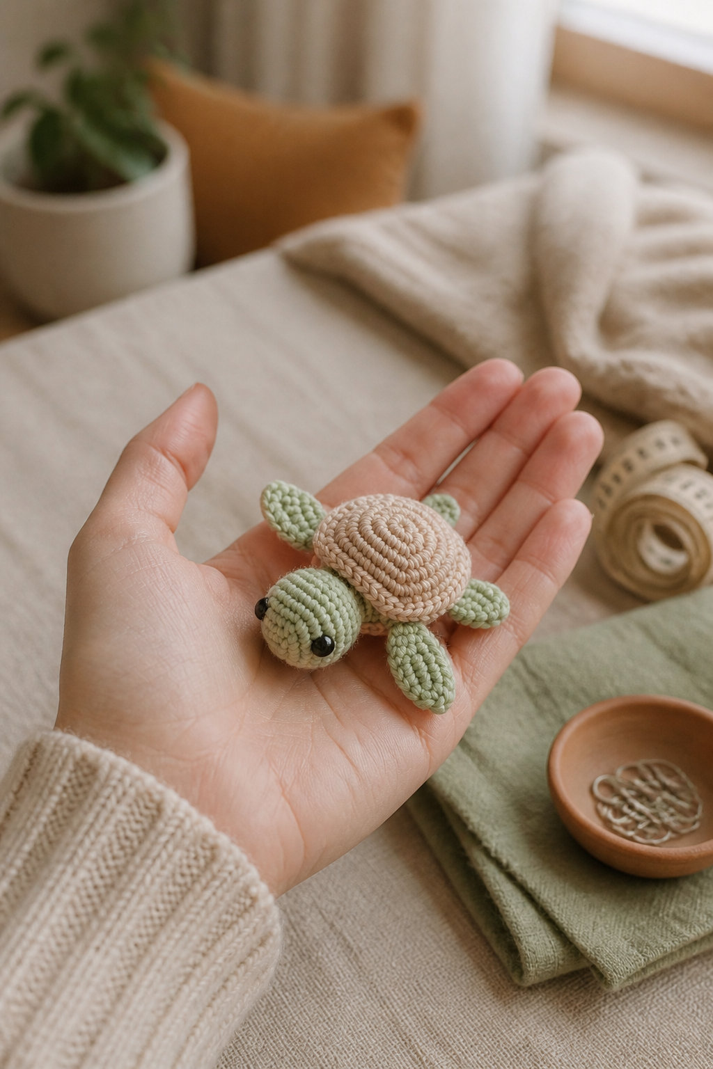 Miniature crochet sea turtle resting in an adult palm