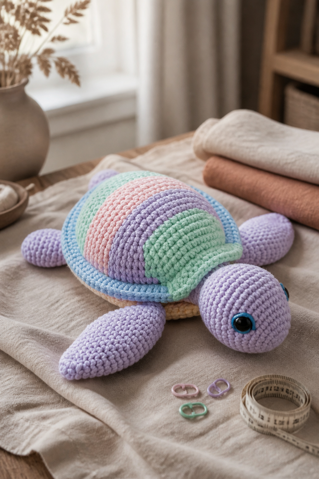 Pastel striped crochet sea turtle in lavender mint blush and blue