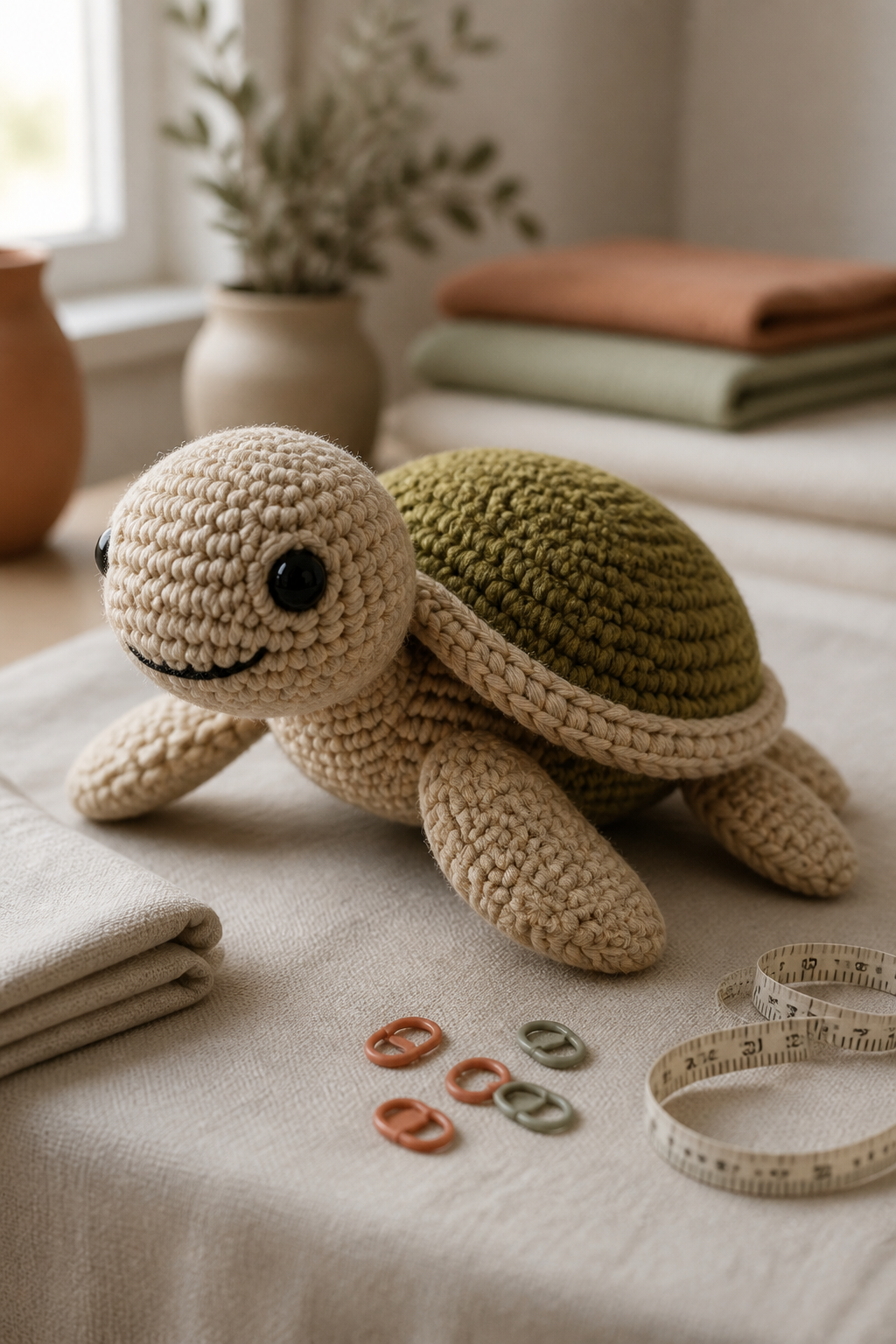 Earthy jute-textured crochet sea turtle on a stable display base