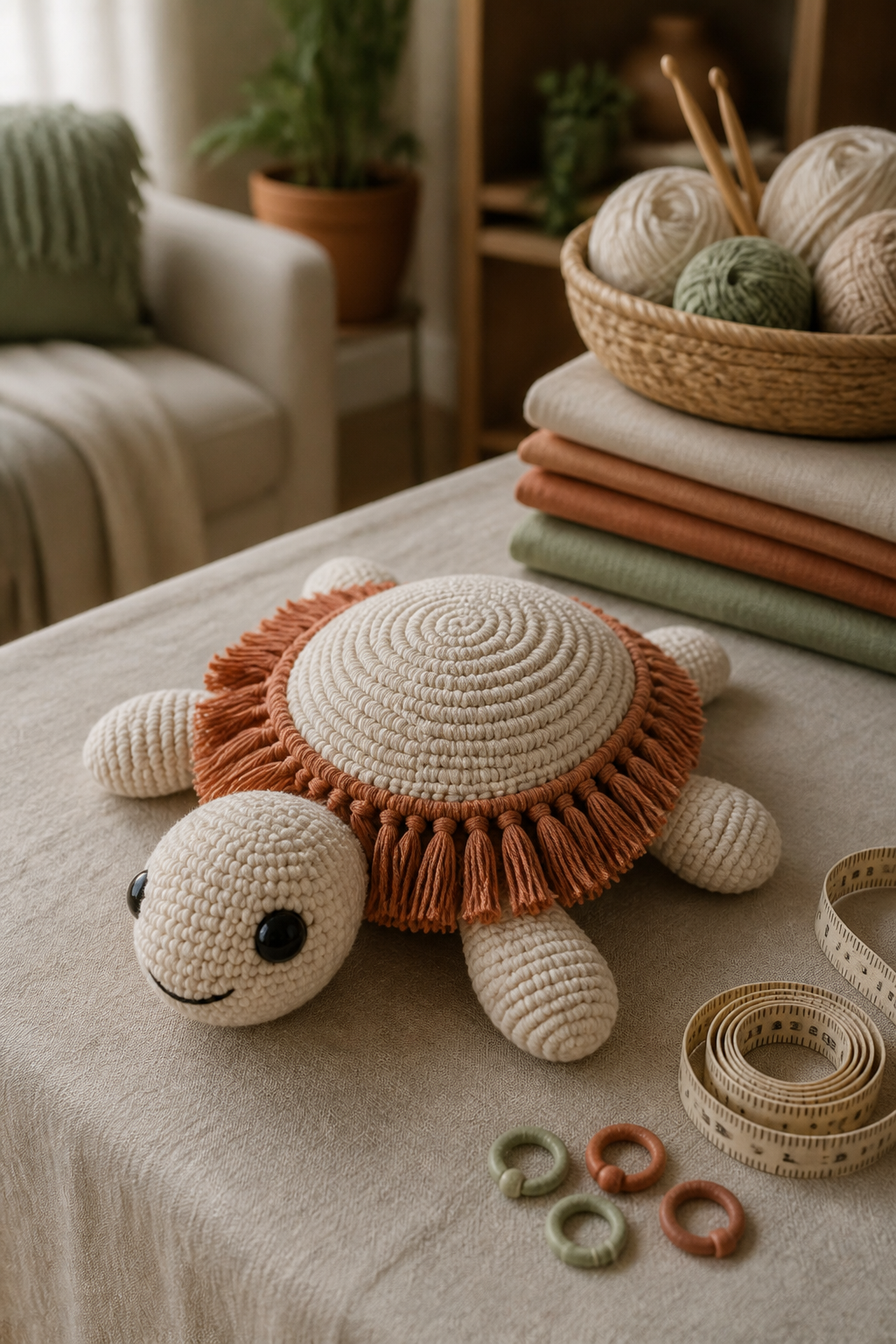 Neutral boho crochet sea turtle with evenly trimmed shell fringe