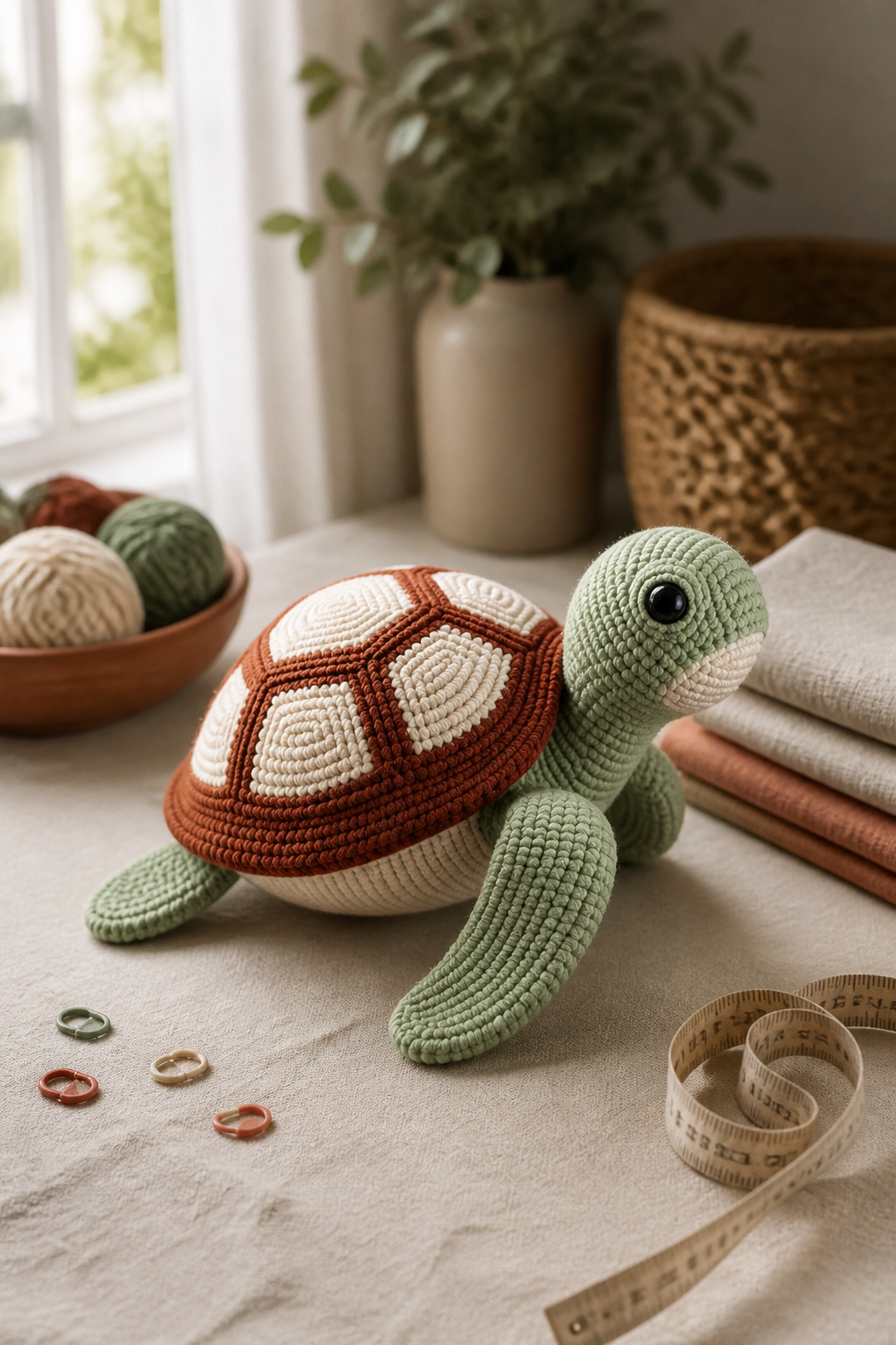 Crochet sea turtle with a cream and brown geometric mosaic shell
