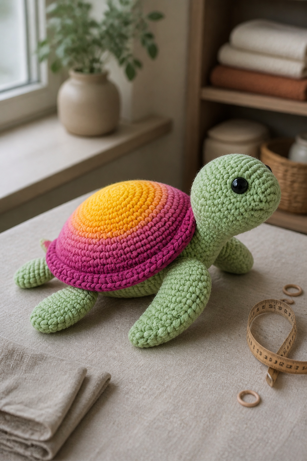 Sea turtle amigurumi with a golden yellow to magenta sunset shell