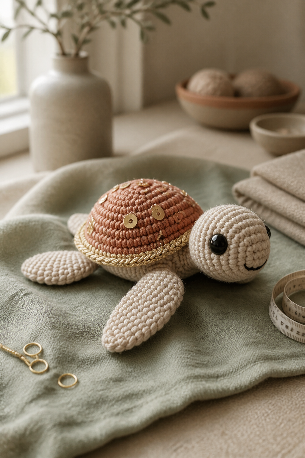 Neutral crochet sea turtle with restrained metallic shell accents
