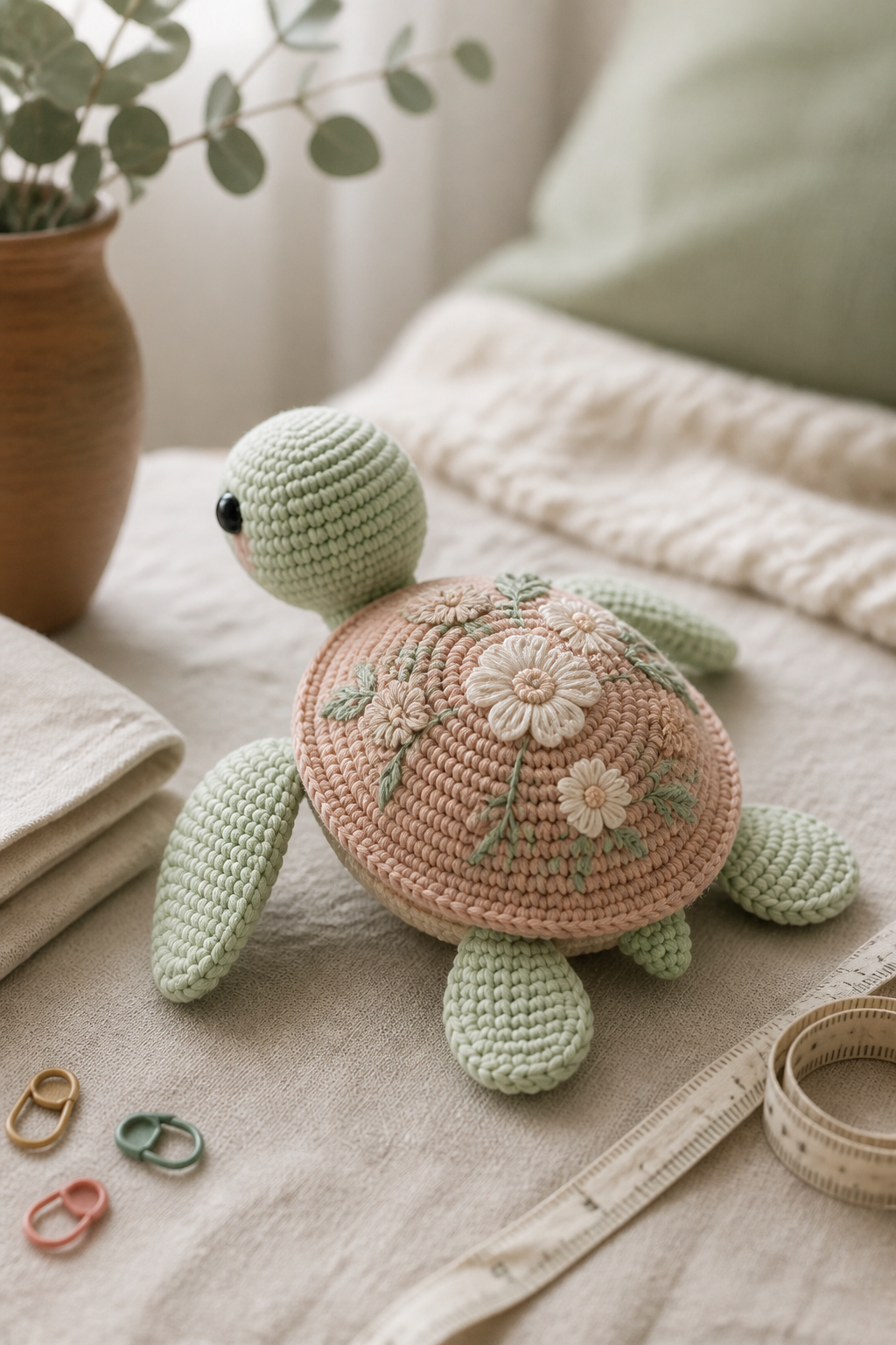 Pastel crochet sea turtle with floral shell embroidery
