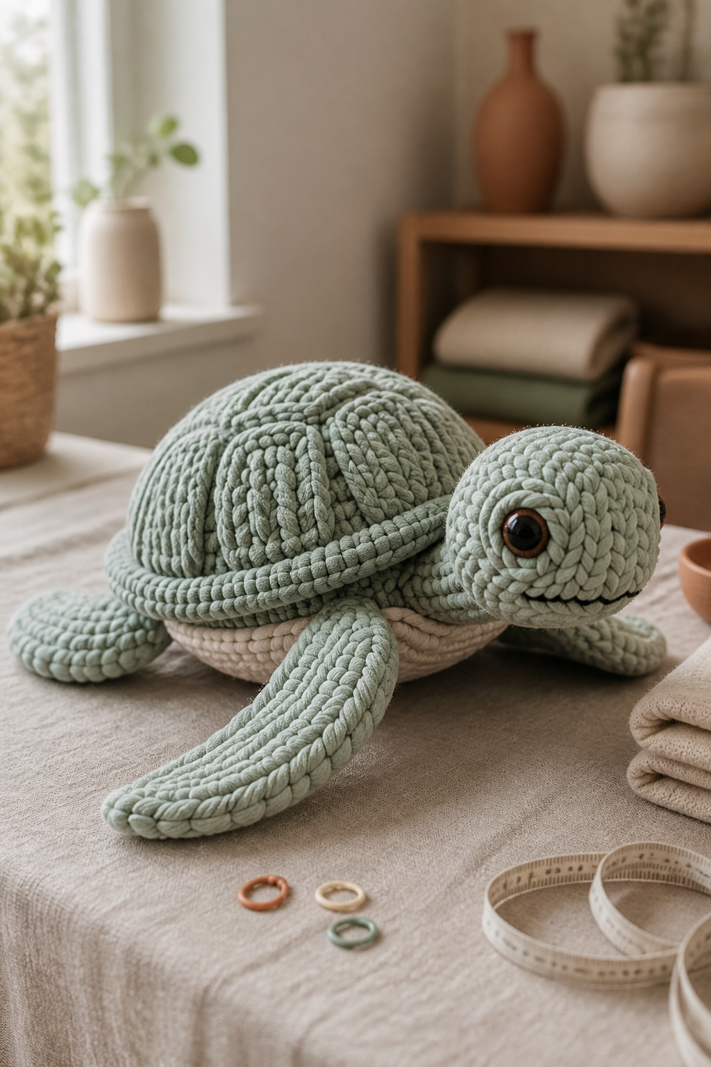 Oversized sea turtle amigurumi with chunky cable-style shell panels