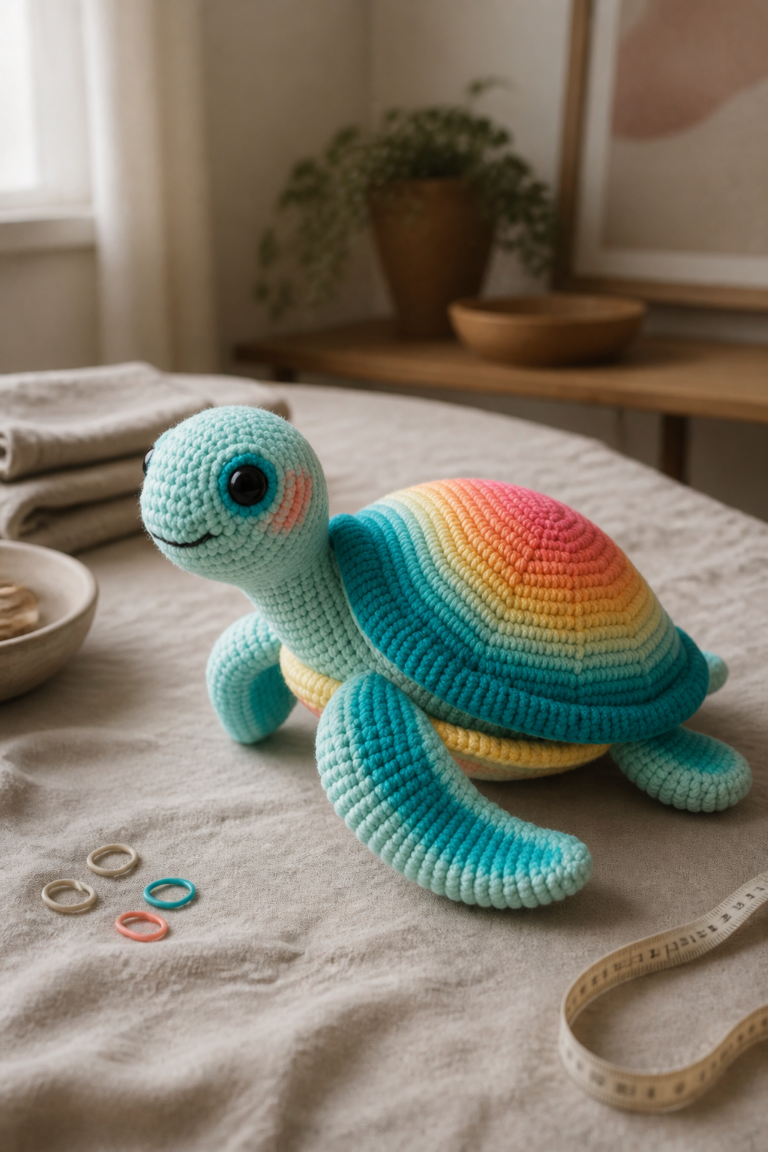 Crochet sea turtle amigurumi ideas represented by a teal-to-coral ombre shell