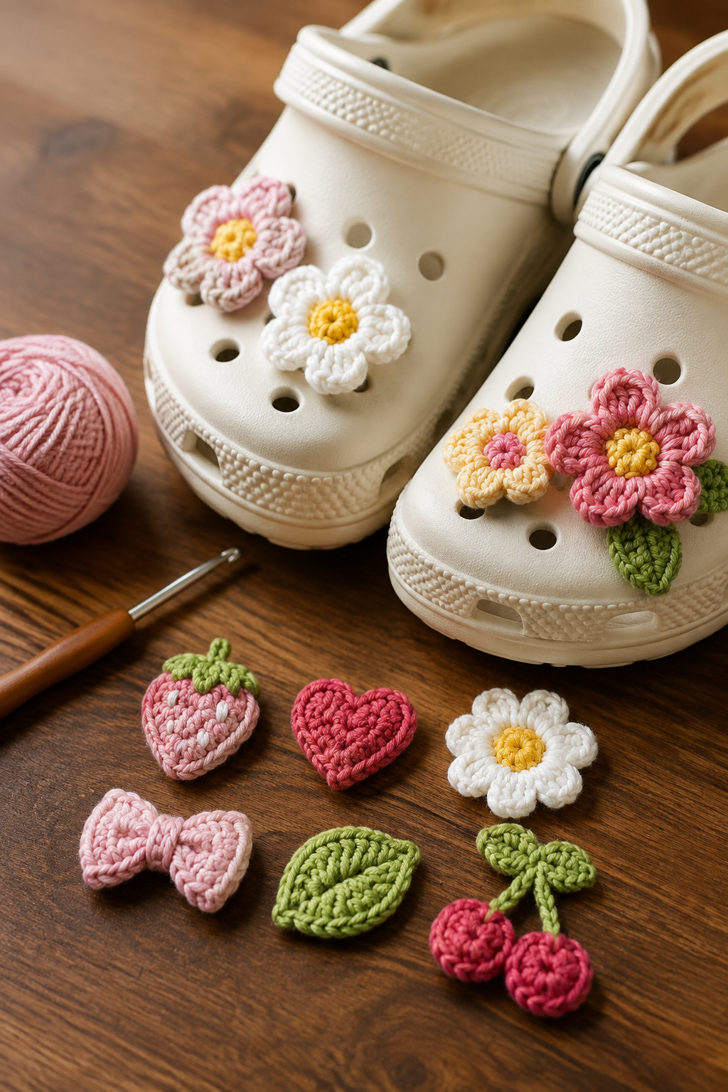 crochet shoe charms — choose yarn with clear stitch definition